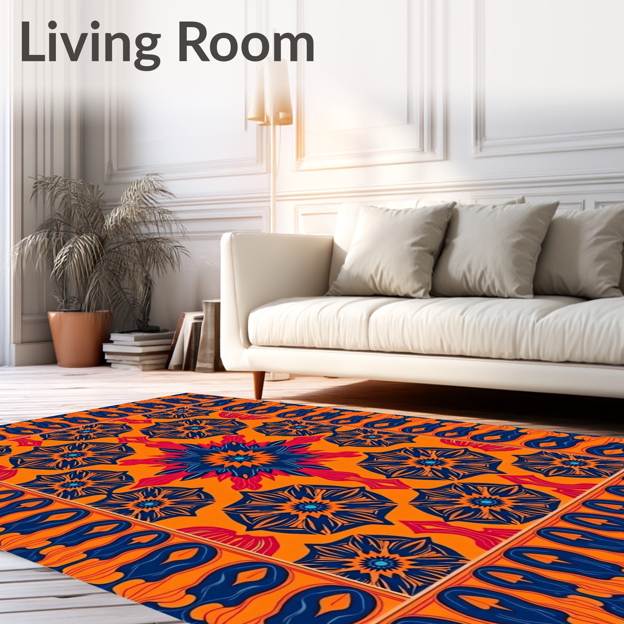 Vibrant Blue 2 Orange Floral Pattern Rug