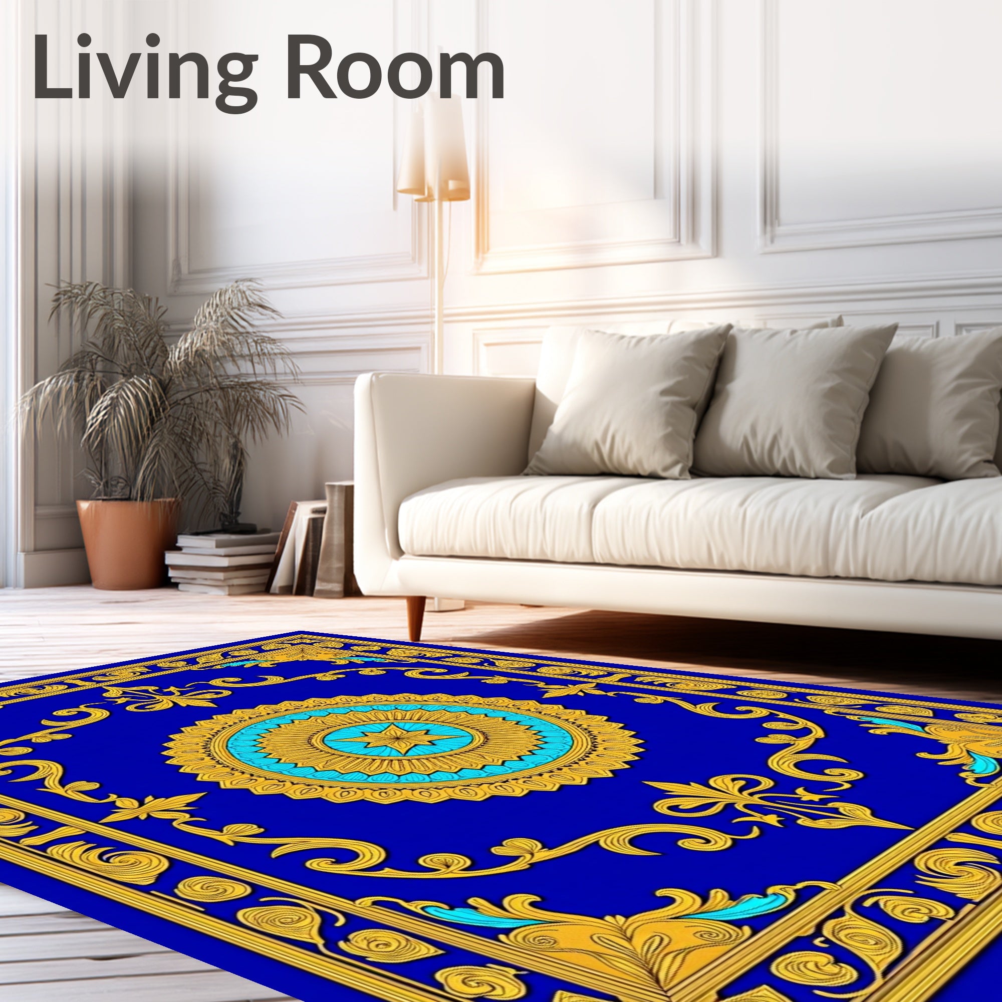 Ornate Royal Blue Gold Floral Medallion Rug