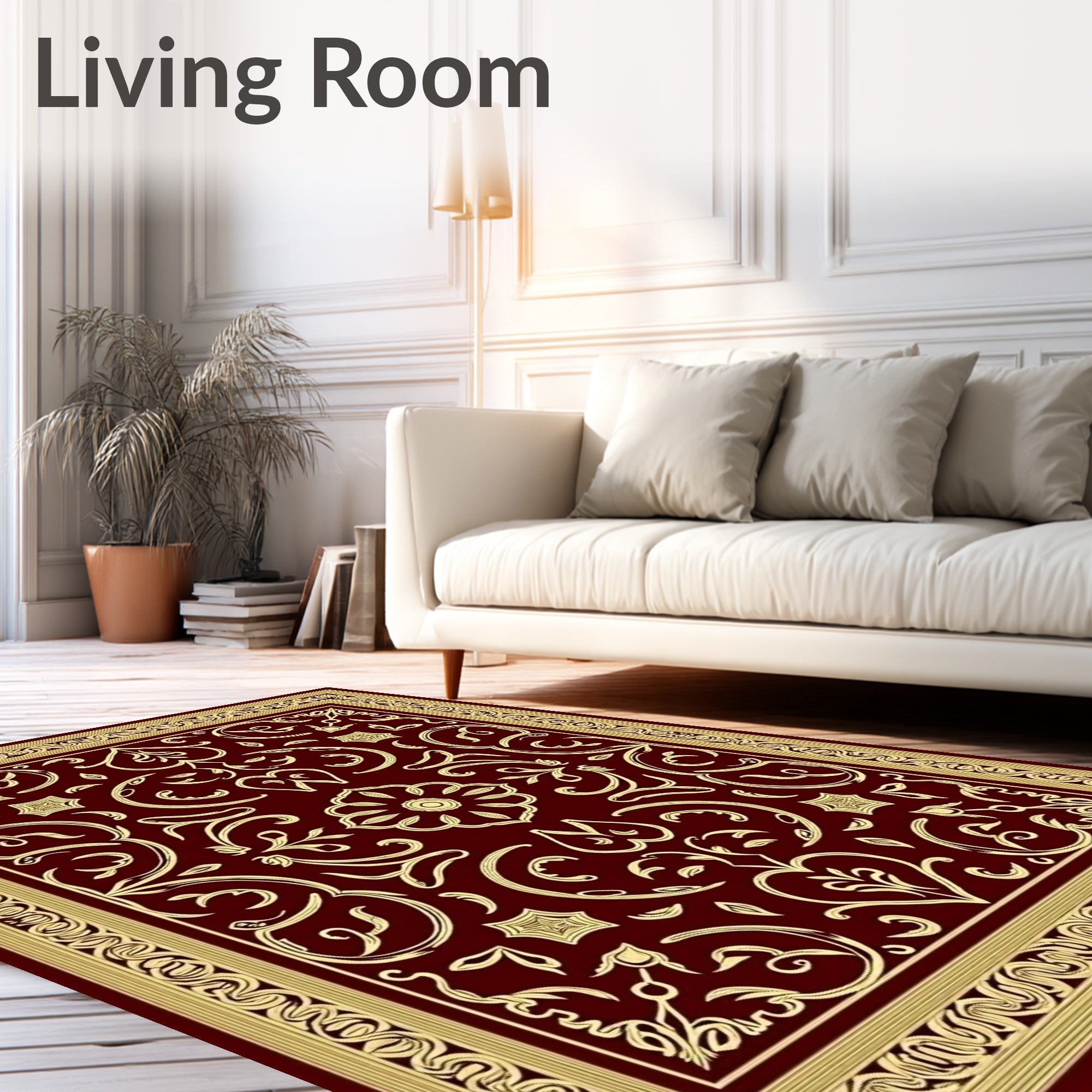 Rich Red Golden Floral Pattern Rug
