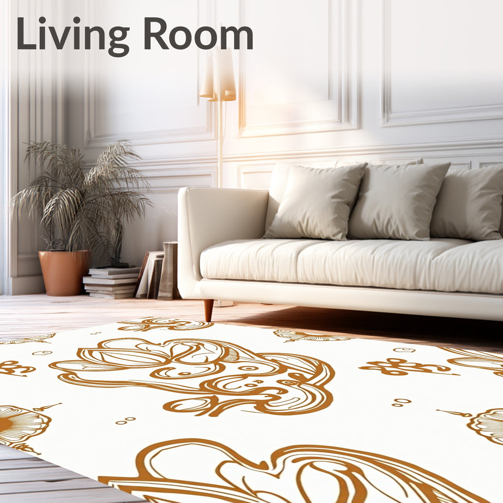 Gold Floral Ink Sketch Pattern Rug