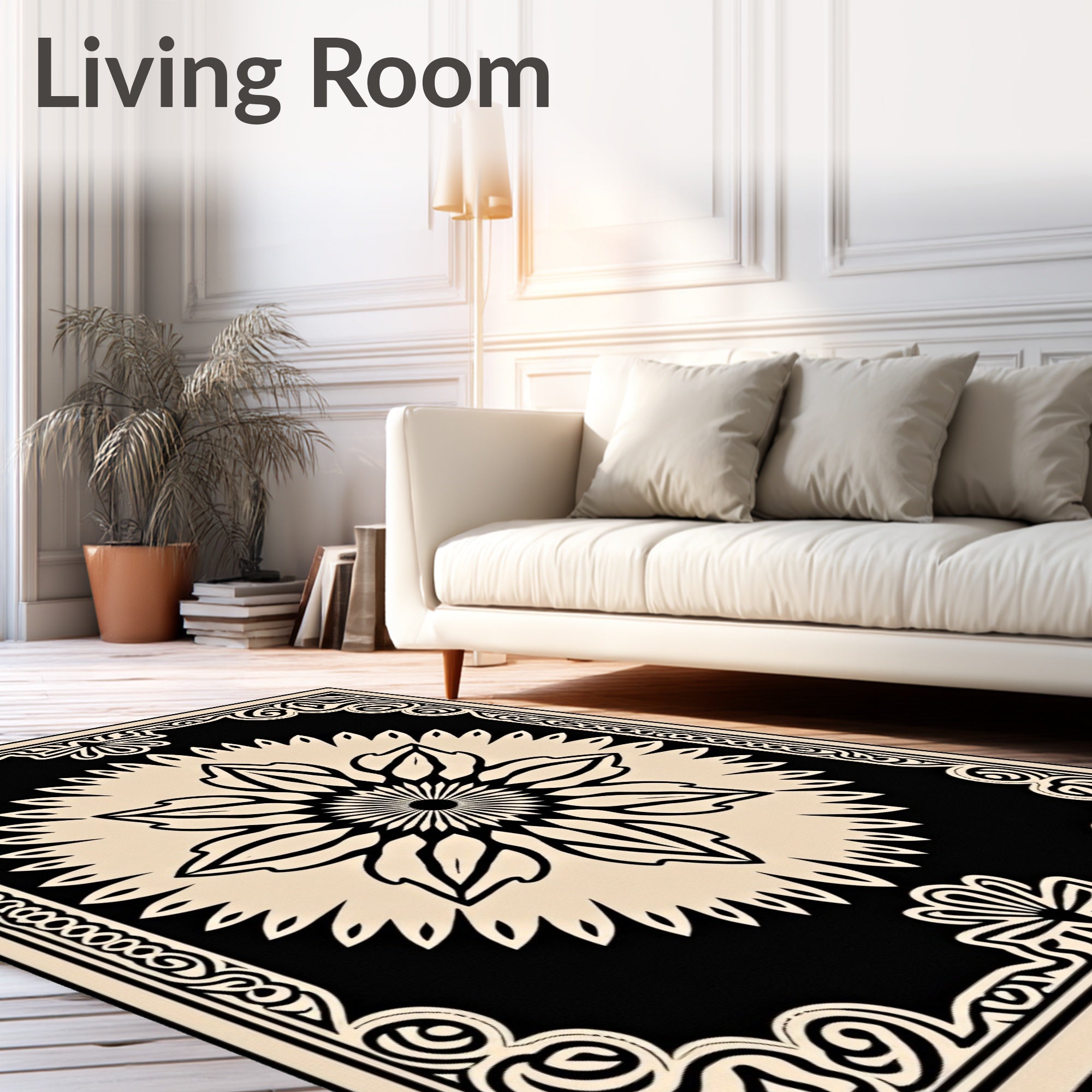 Black and Cream Floral Medallion Centerpiece Rug