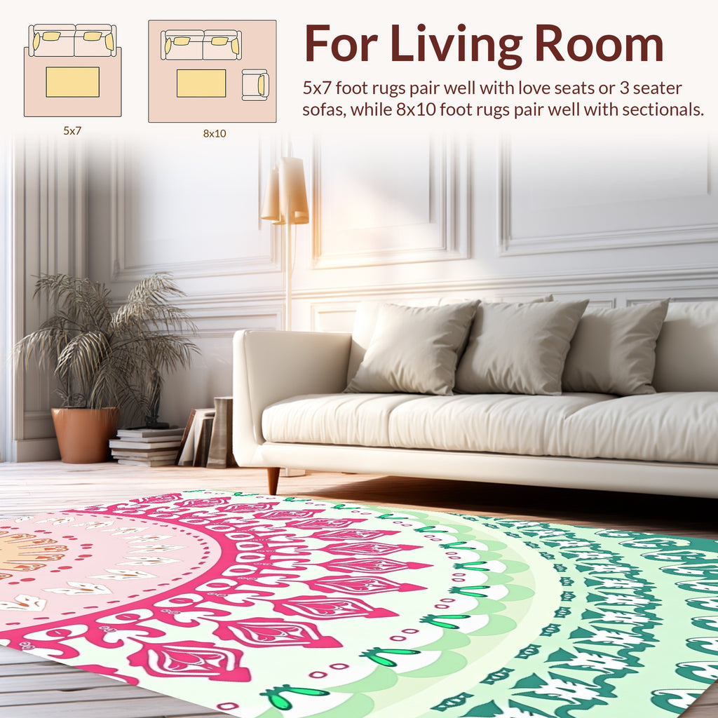Mandala Floral Pattern With Pink Green Rug