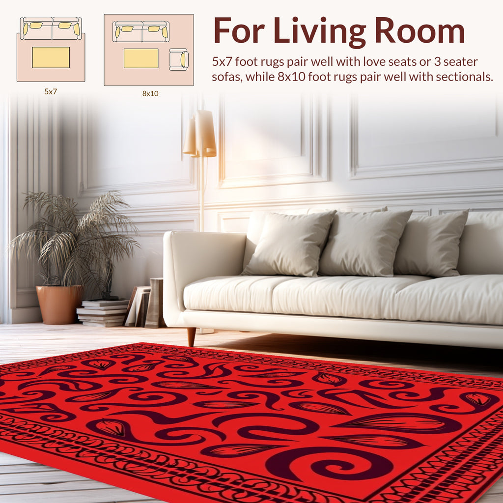Crimson Swirl Leaf Patterned Rug