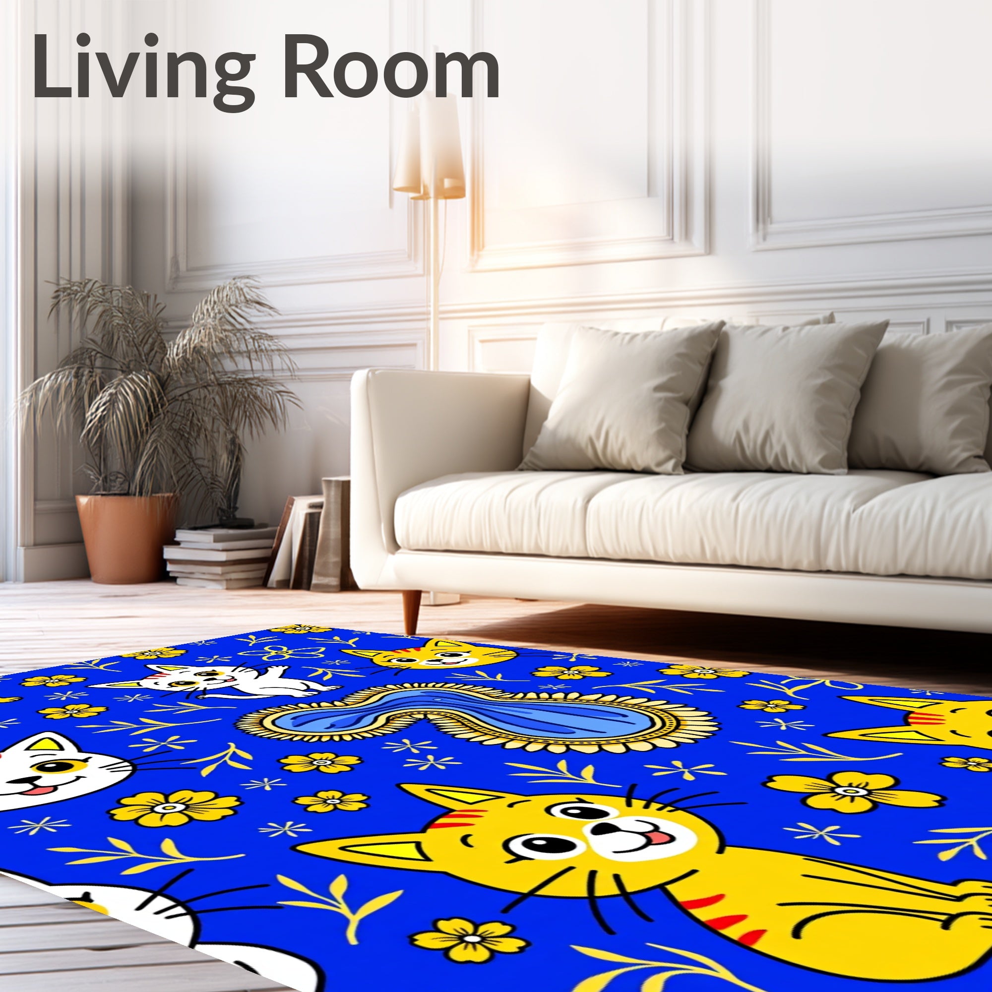 Charming Cats Floral Pattern Rug