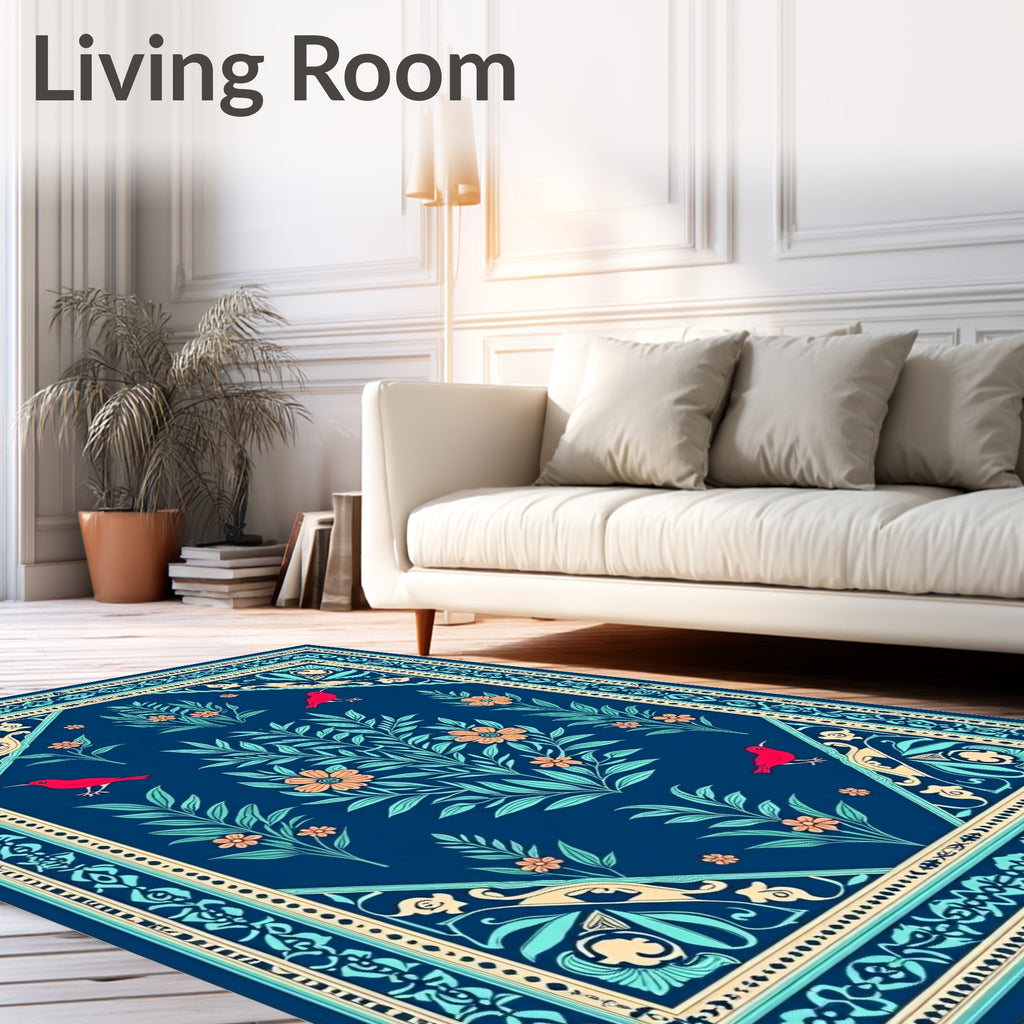Deep Blue Floral Bird Tapestry Design Rug