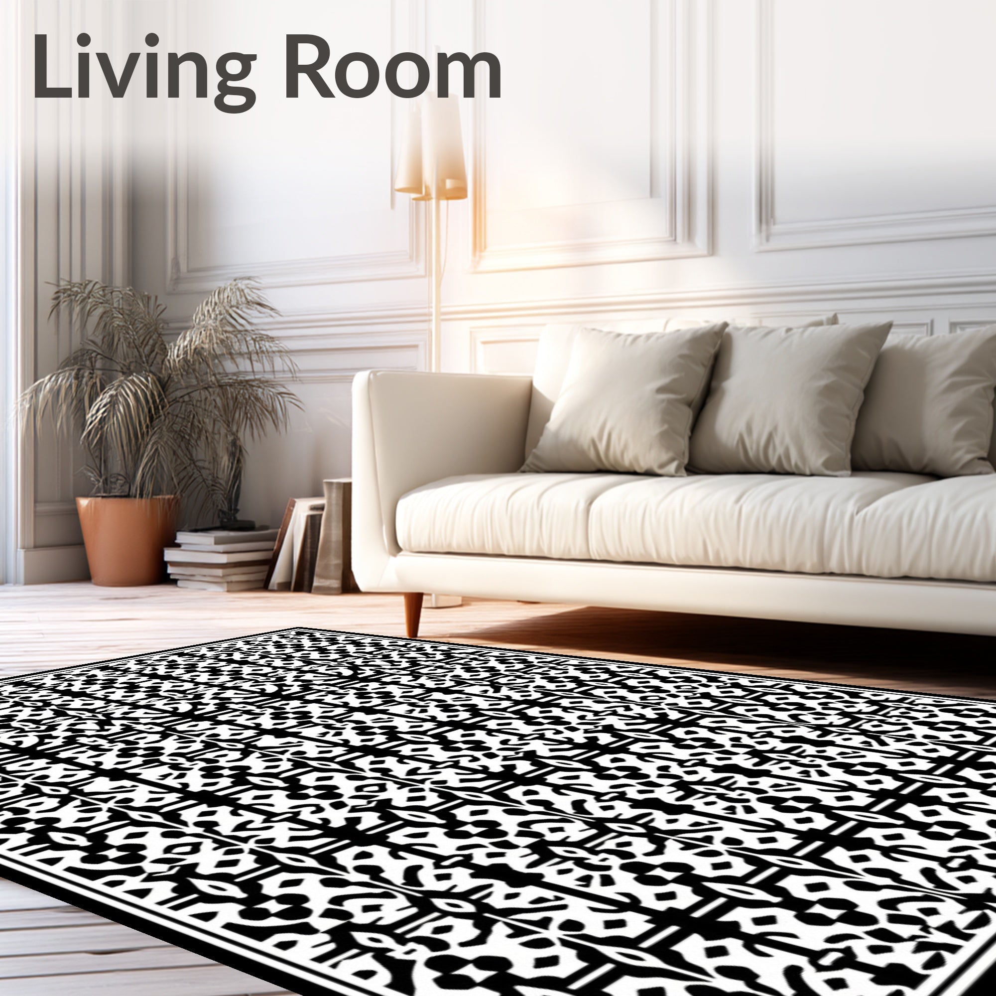 Intricate Geometric Patterned Black and White Rug