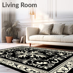 Black Cream Arabesque Flourish Pattern Rug