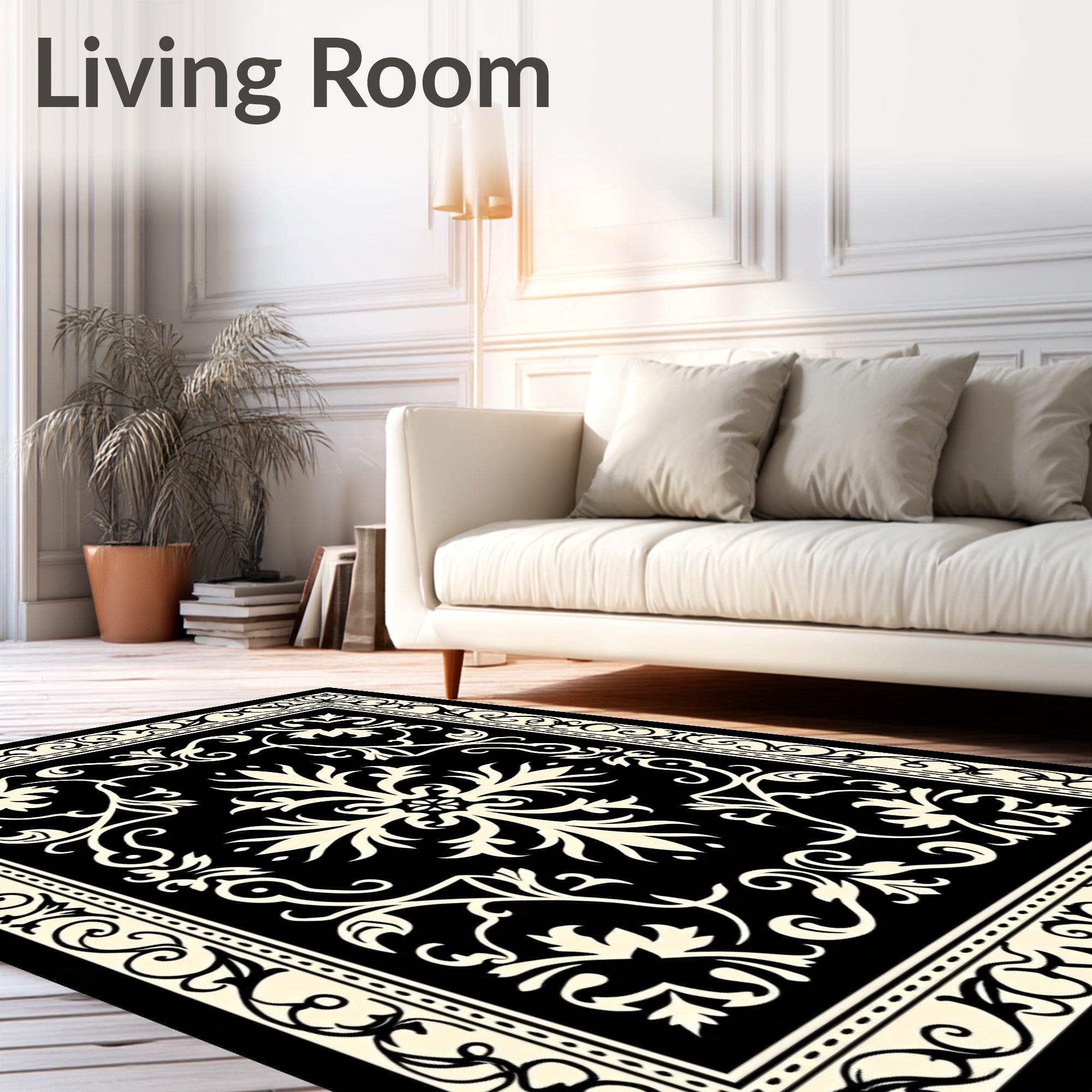 Black Cream Arabesque Flourish Pattern Rug