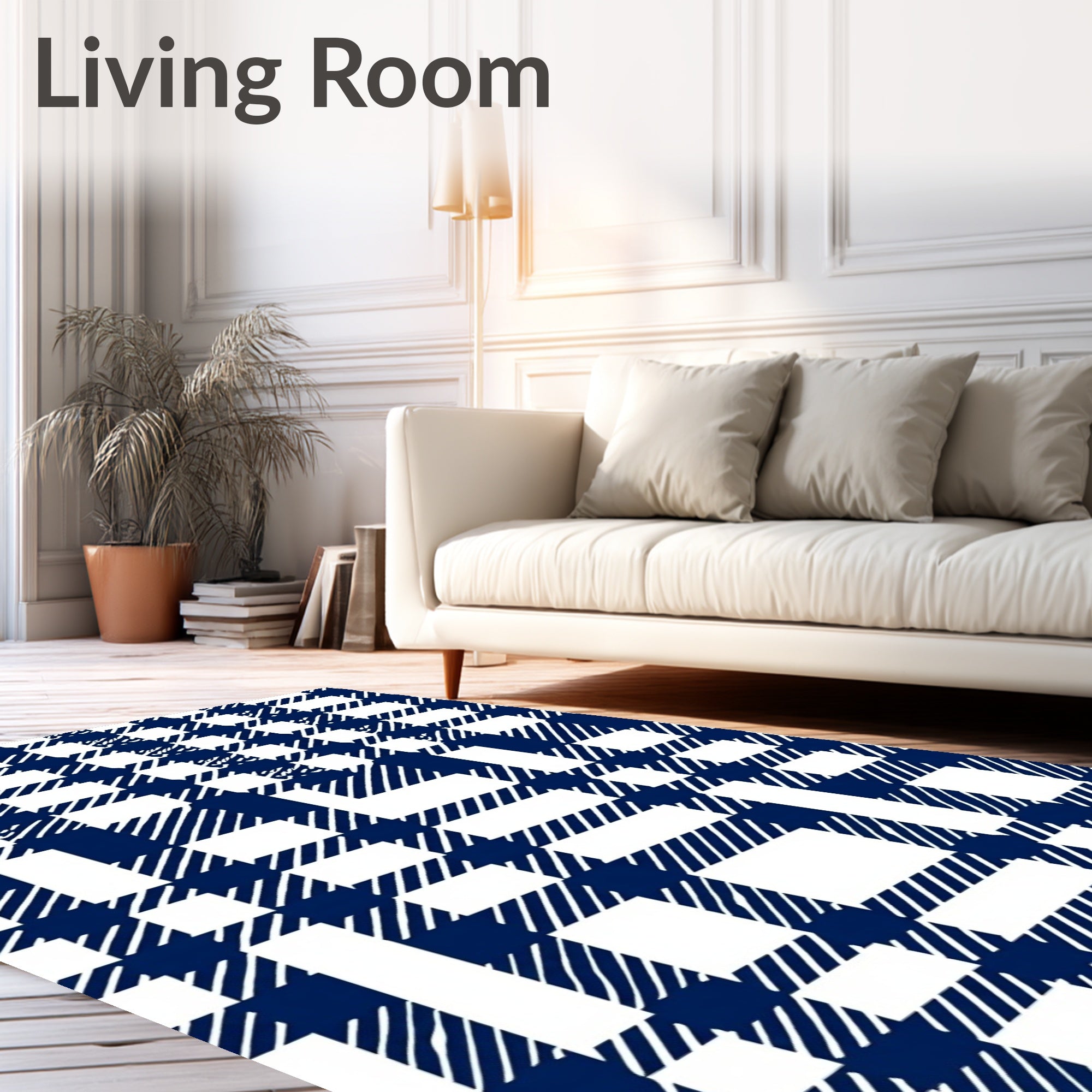 Classic Blue White Plaid Design Rug