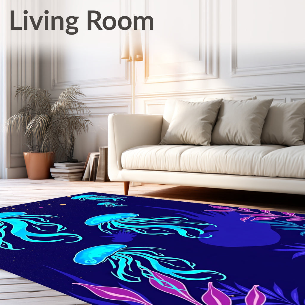 Vibrant Jellyfish and Dark Flora Pattern Rug