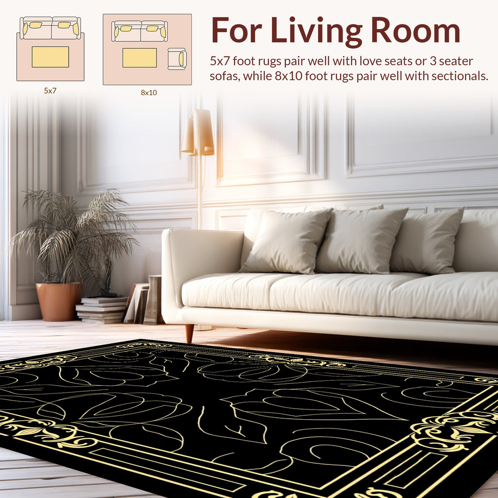 Ornate Gold Floral Border Design Rug