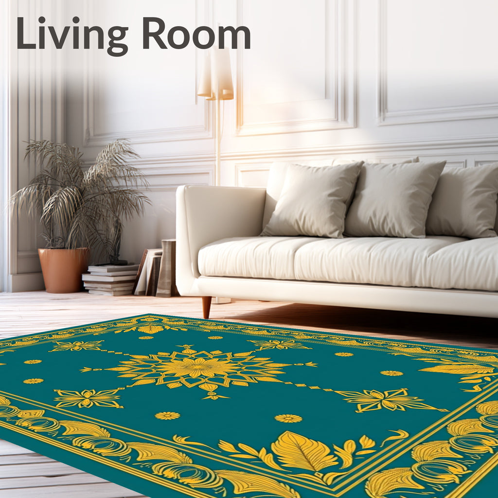 Ornate Teal Gold Floral Medallion Rug