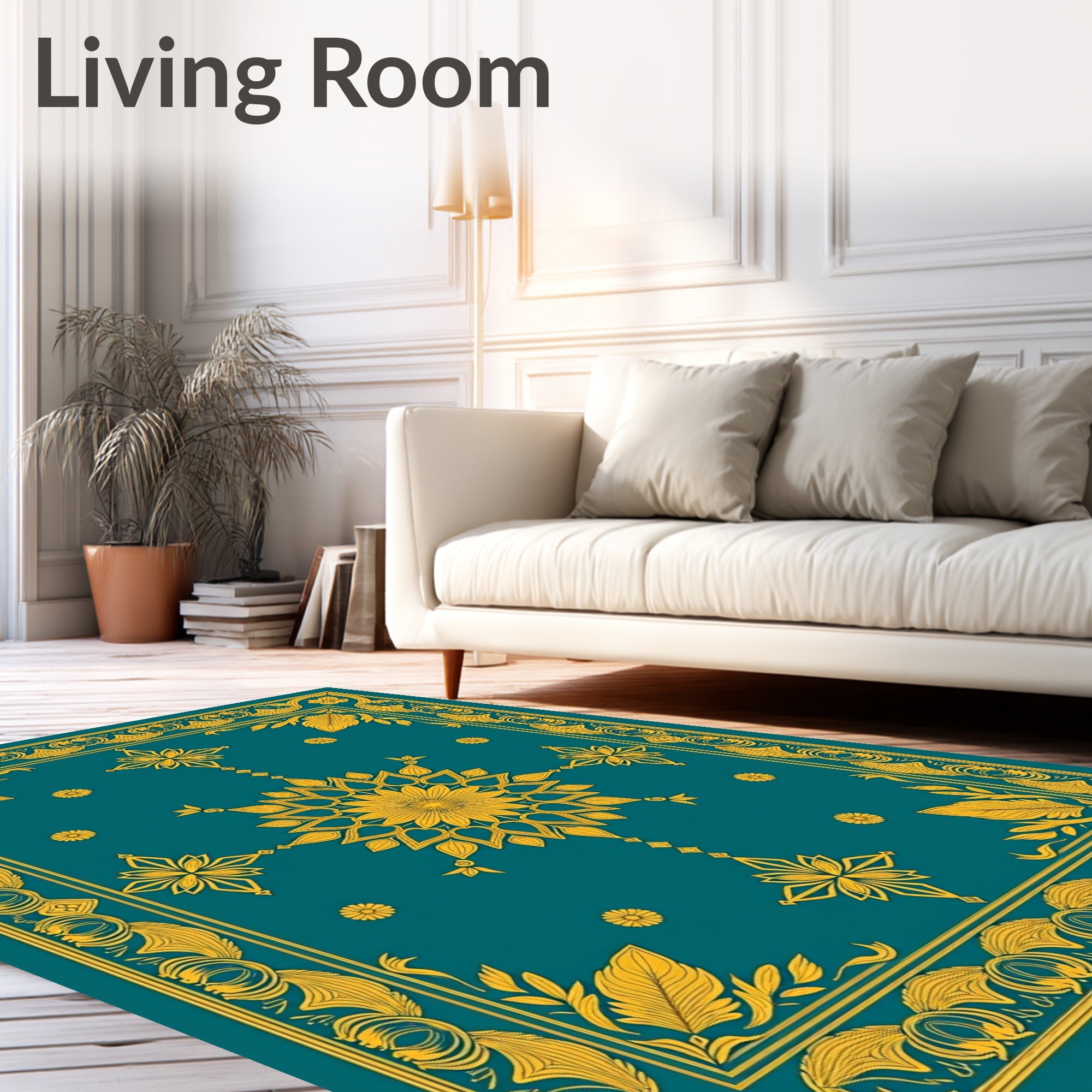 Ornate Teal Gold Floral Medallion Rug