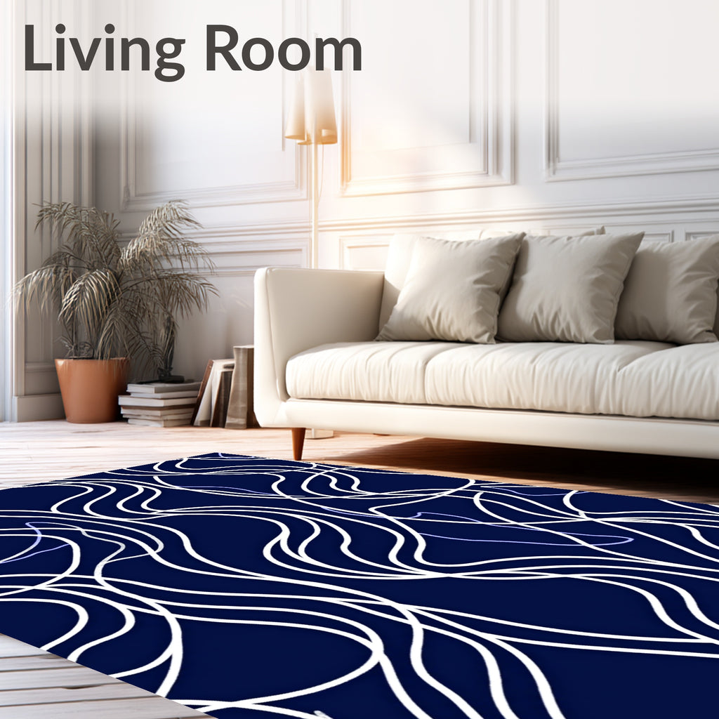 Abstract White Swirls Dark Blue Design Rug