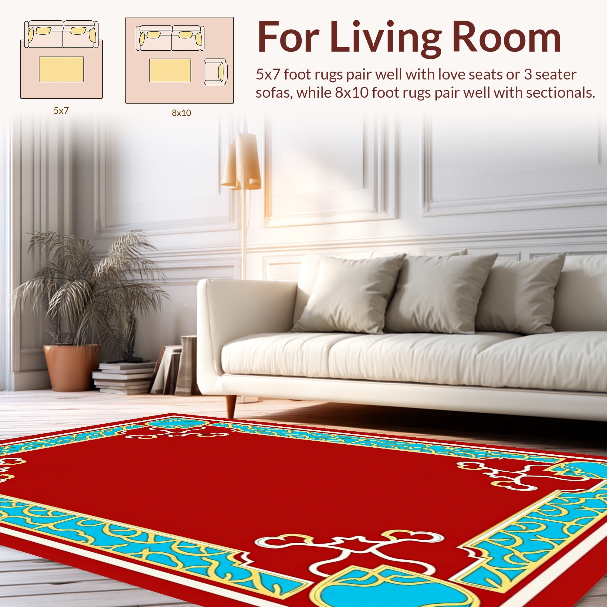 Red Geometric Border With Teal Accents Rug