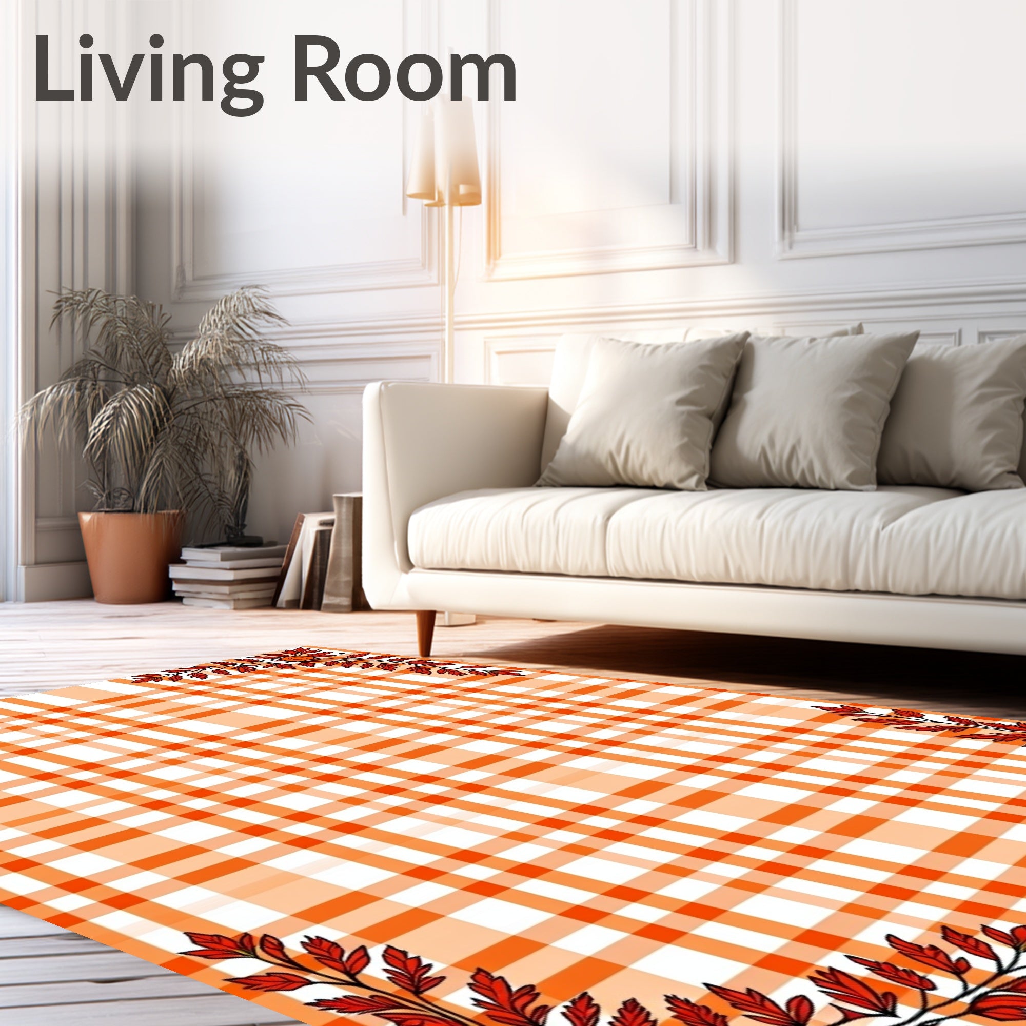 Autumn Leaf Border Plaid Design Rug