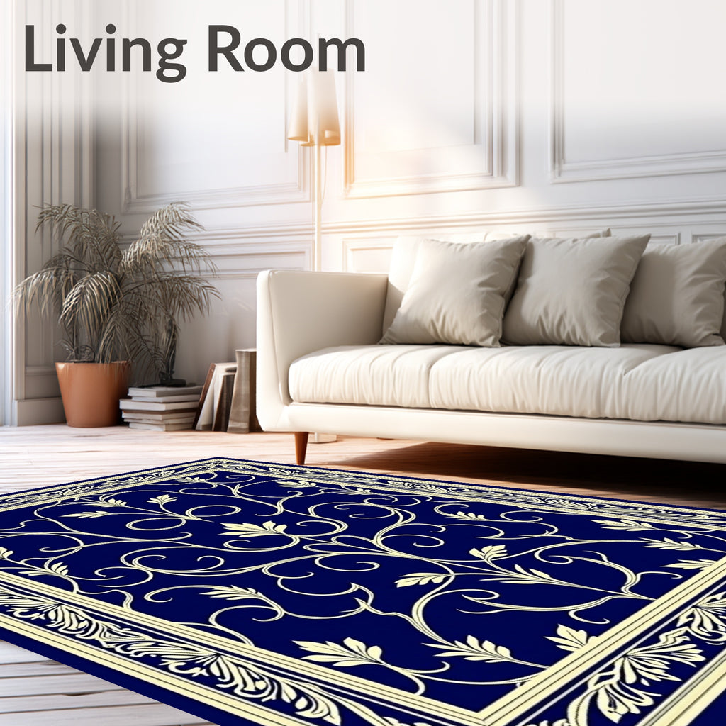 Ornate Blue Cream Floral Vine Rug