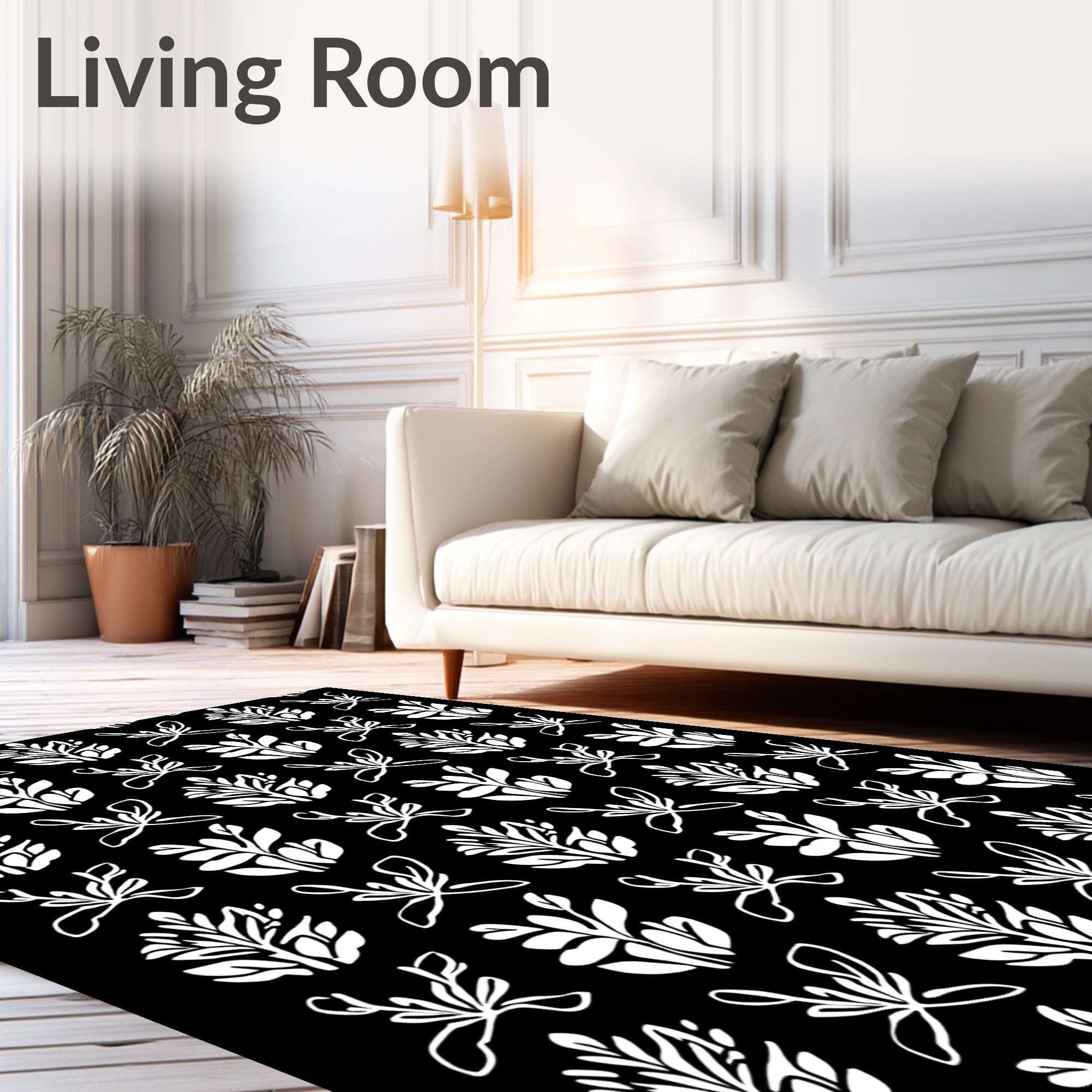 Bold White Leafy Pattern Rug