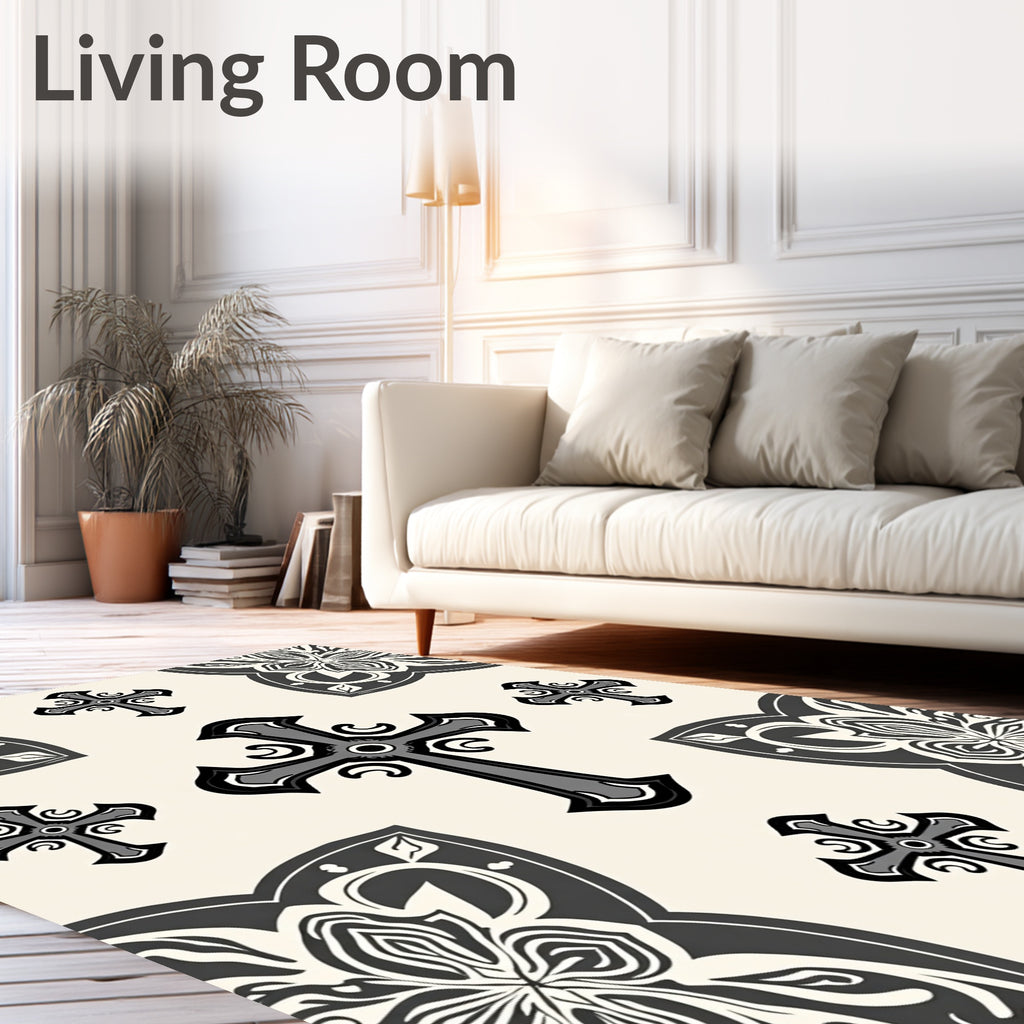 Ornate Cross Patterned Dark Grey Rug