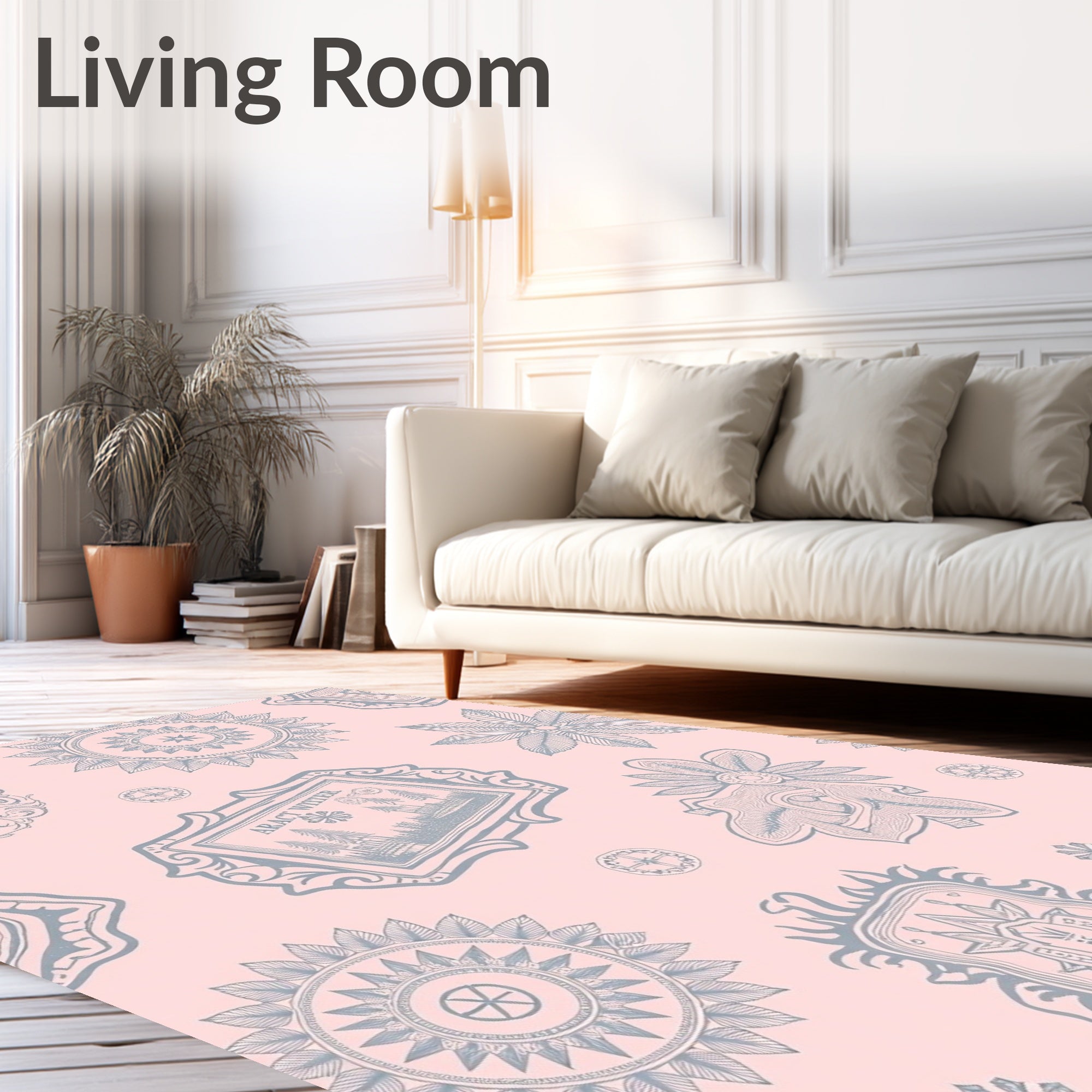 Pink Grey Ornate Mandala Scroll Artwork Rug