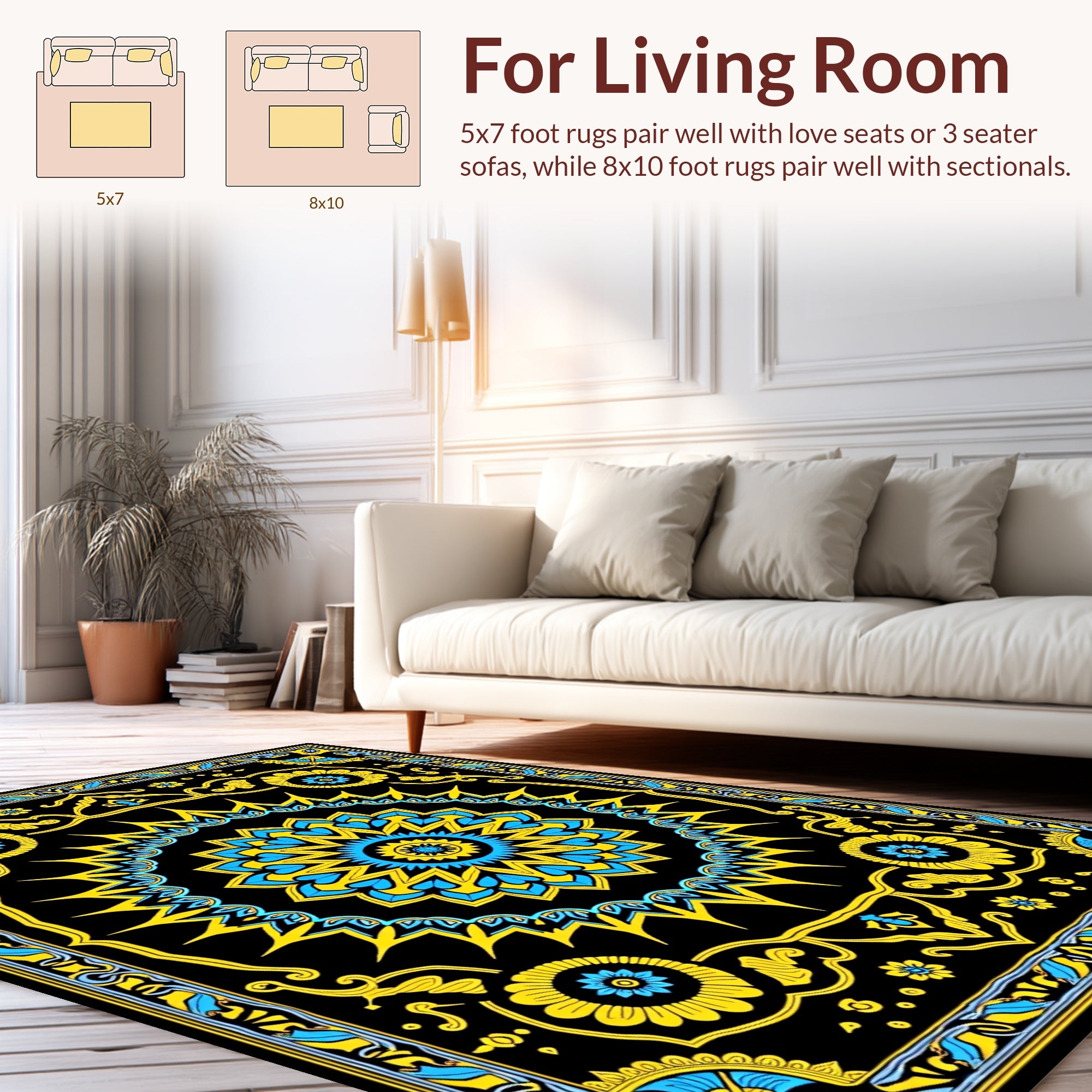 Bold Yellow Blue Floral Mandala Design Rug