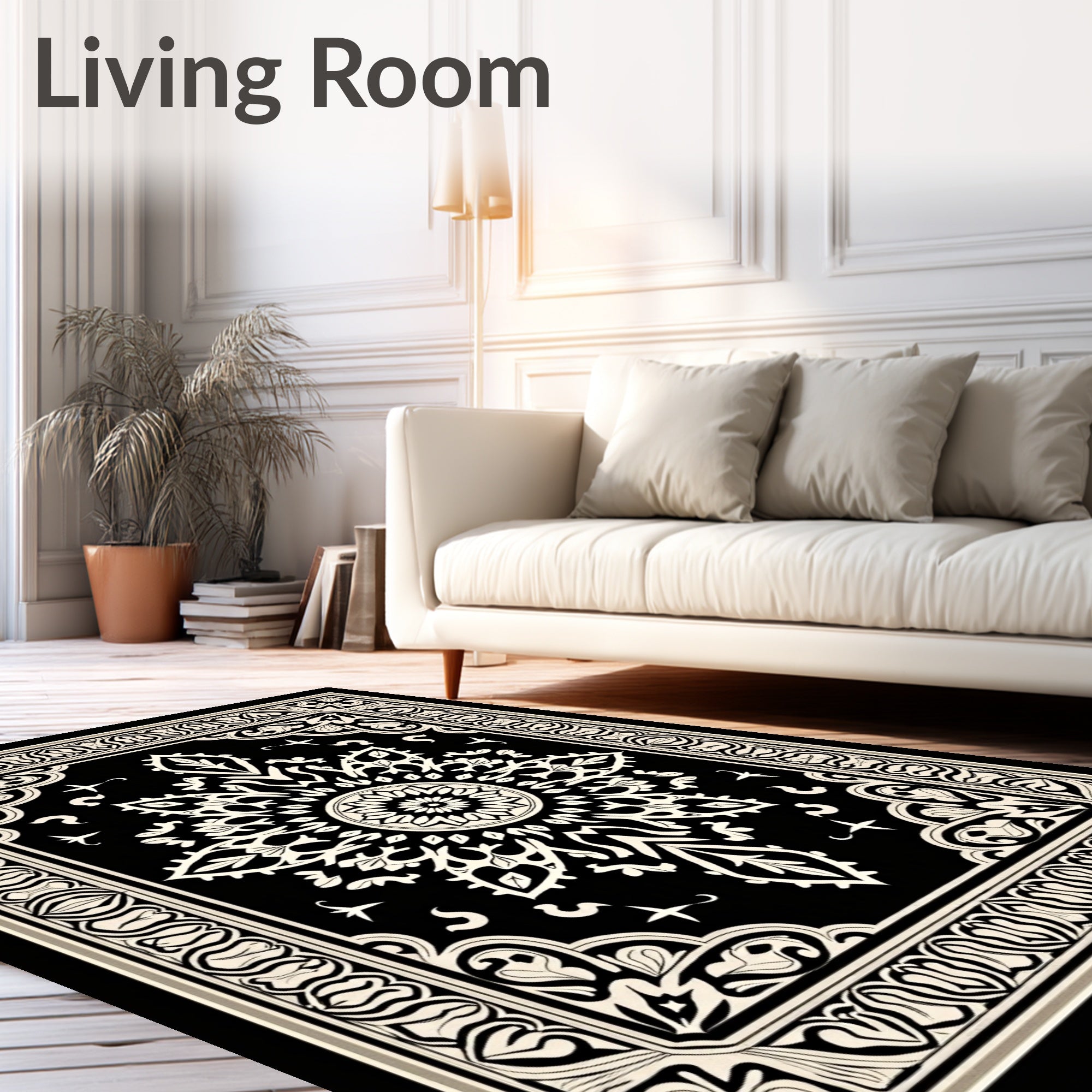 Elegant Black White Floral Mandala Rug