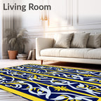 Ornate Dark Blue Yellow Floral Pattern Rug