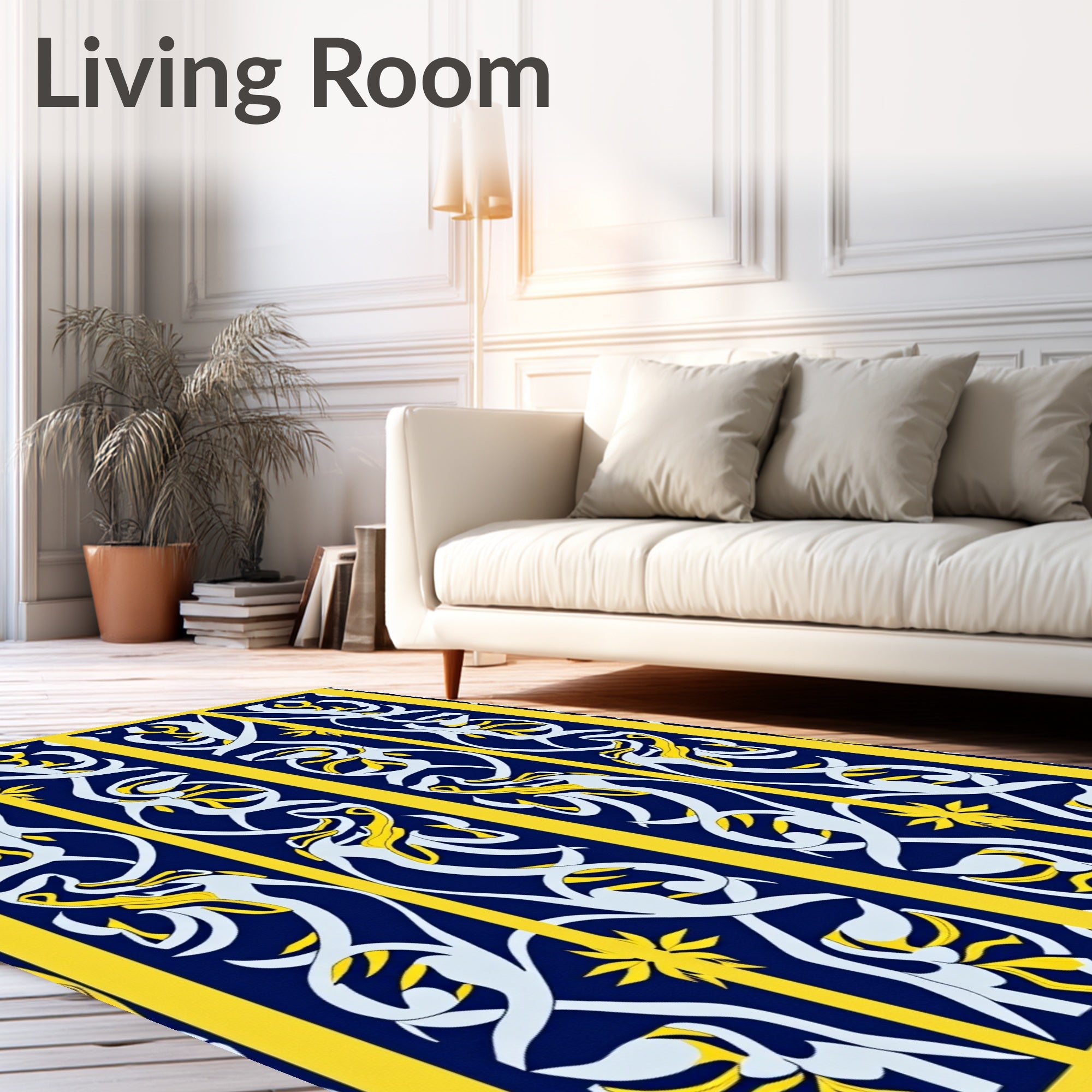 Ornate Dark Blue Yellow Floral Pattern Rug