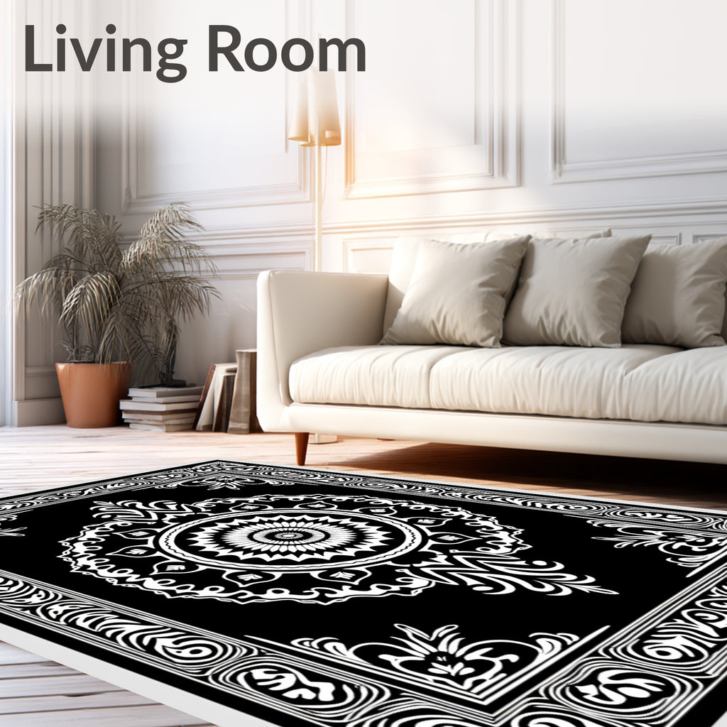 Intricate Mandala Black White Pattern Rug