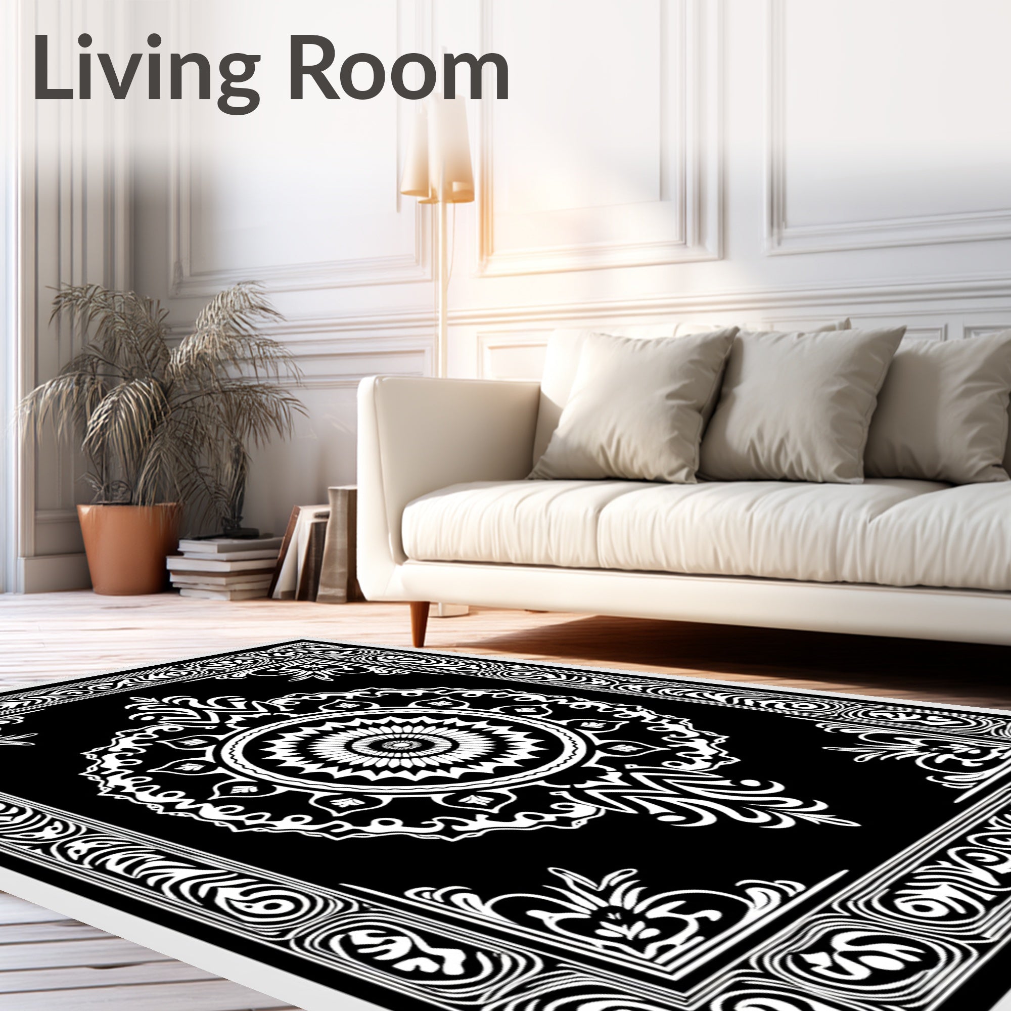 Intricate Mandala Black White Pattern Rug