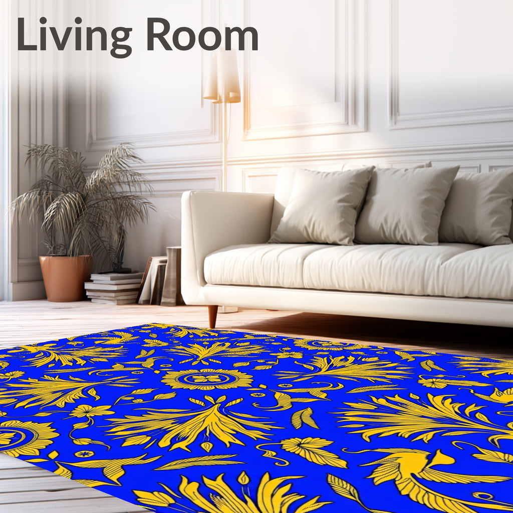 Royal Blue Yellow Floral Bird Pattern Rug