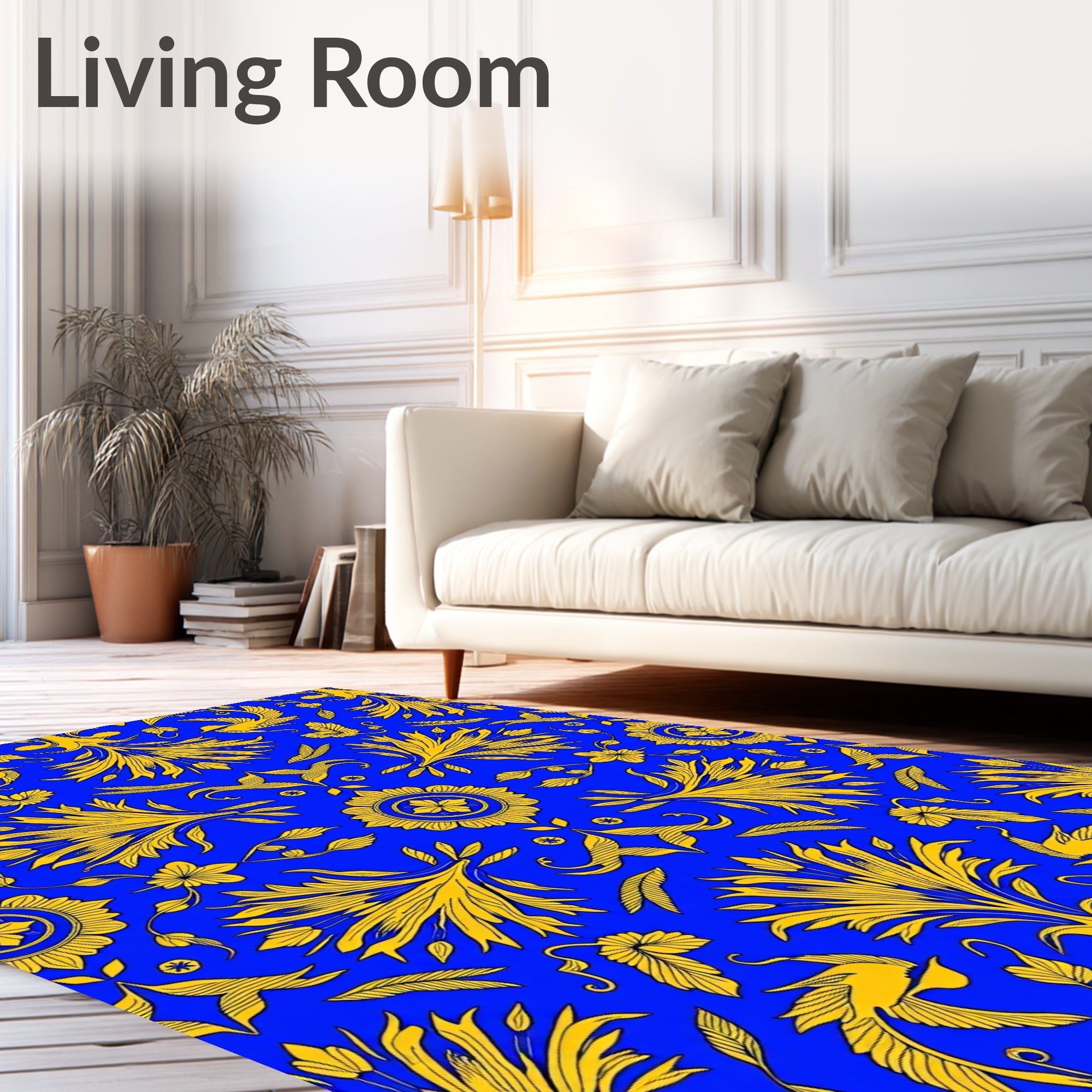 Royal Blue Yellow Floral Bird Pattern Rug