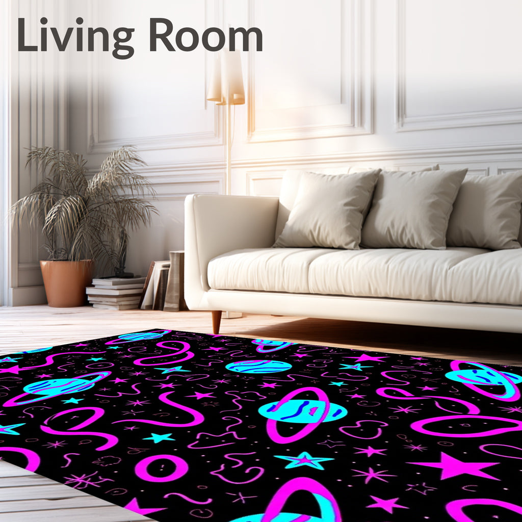 Neon Pink Blue Cosmic Planet Stars Rug