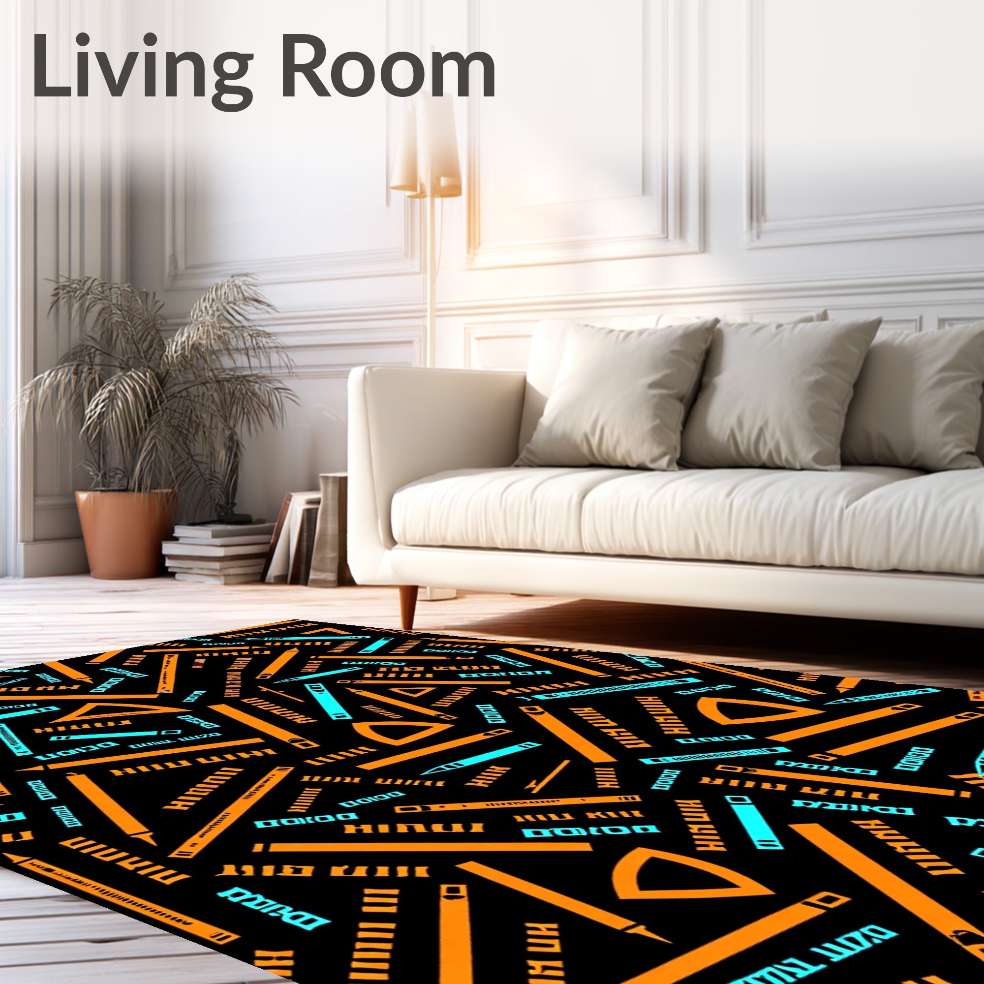 Orange Blue Ruler Geometric Pattern Rug