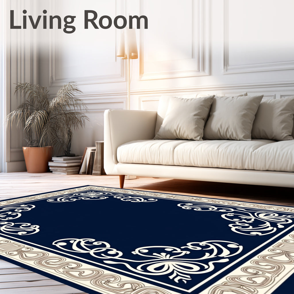 Ornate Navy Blue Floral Frame Design Rug