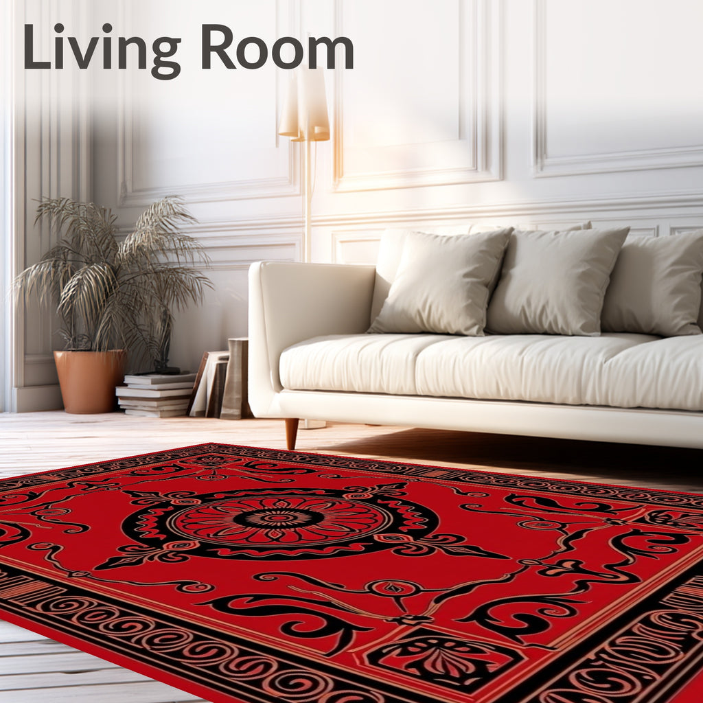 Ornate Black Red Floral Medallion Pattern Rug