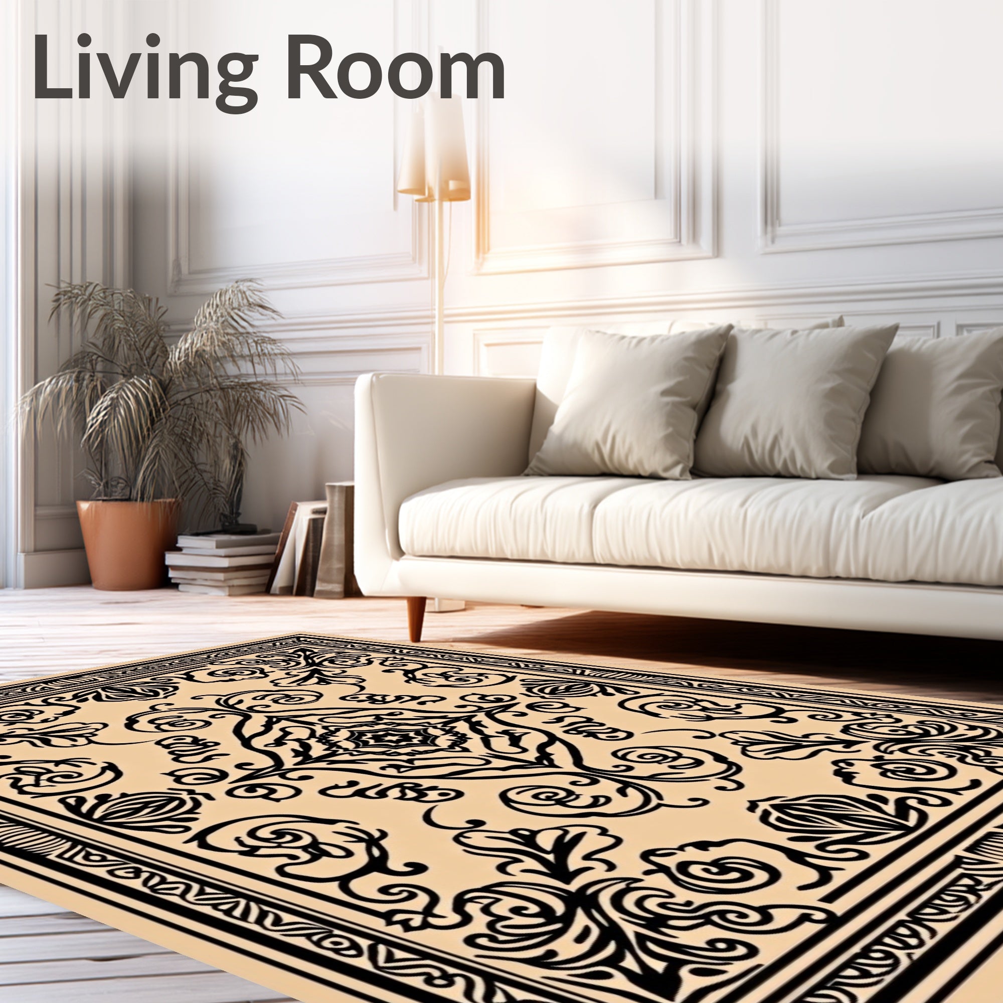 Classic Black Floral Inspired Border Design Rug