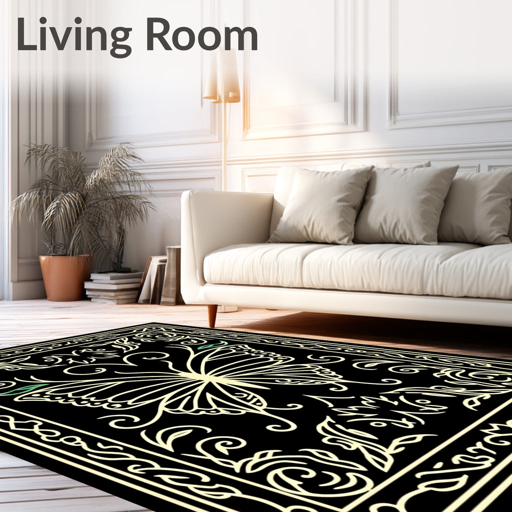 Elegant Outline Butterfly Floral Design Rug