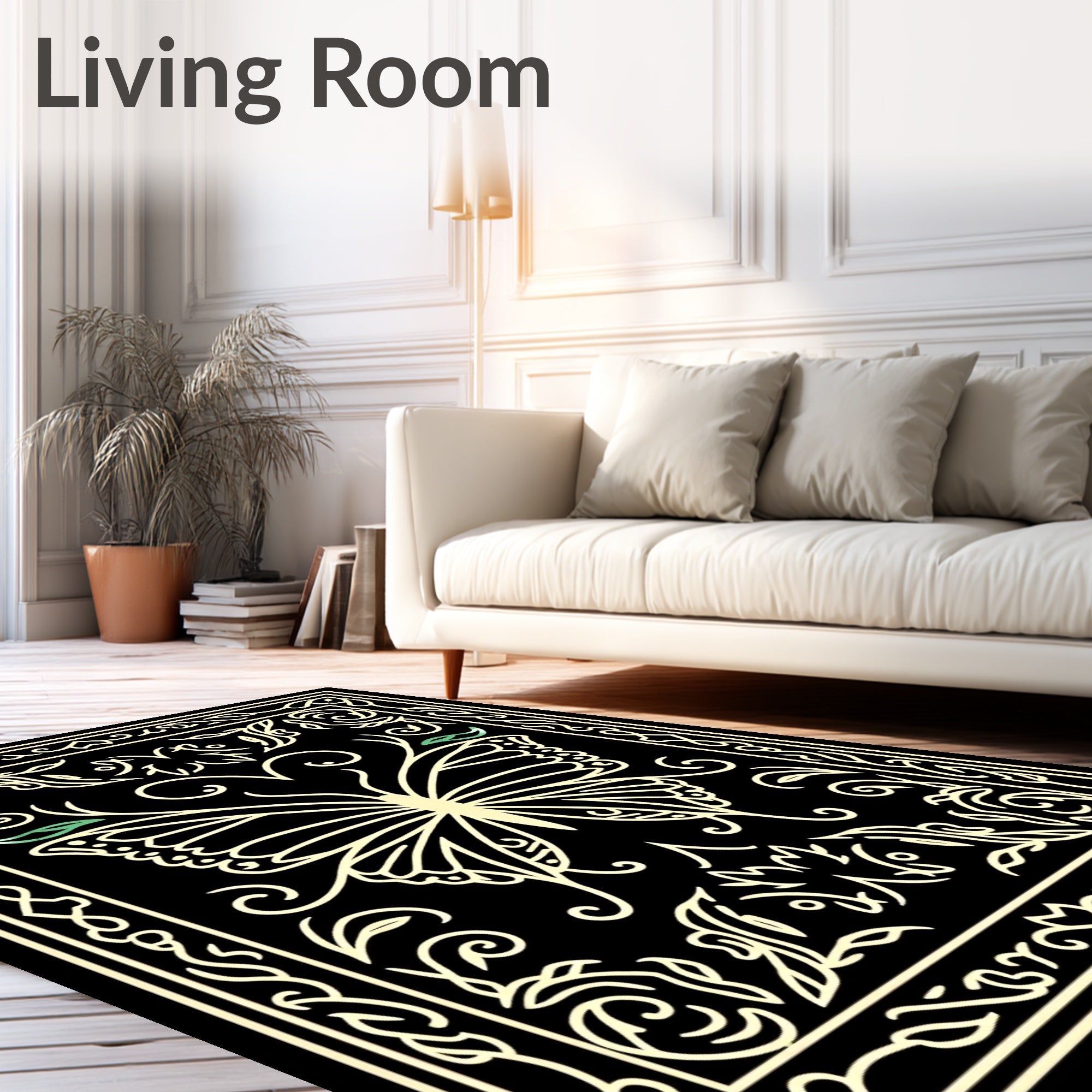 Elegant Outline Butterfly Floral Design Rug
