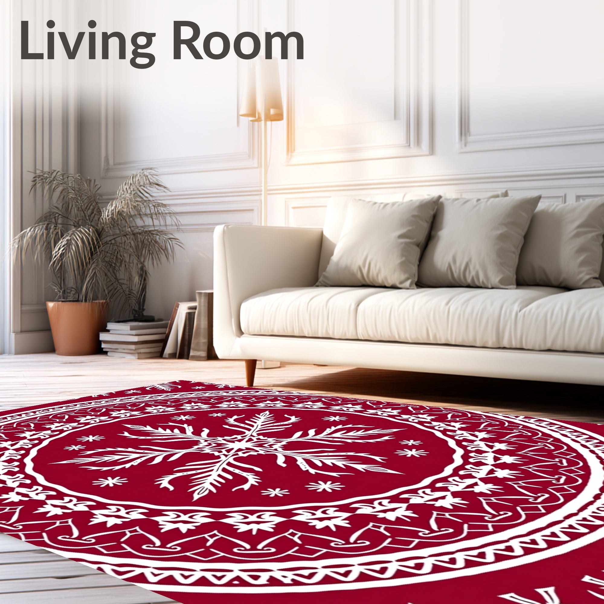 Crimson Scandinavian Snowflake Mandala Design Rug
