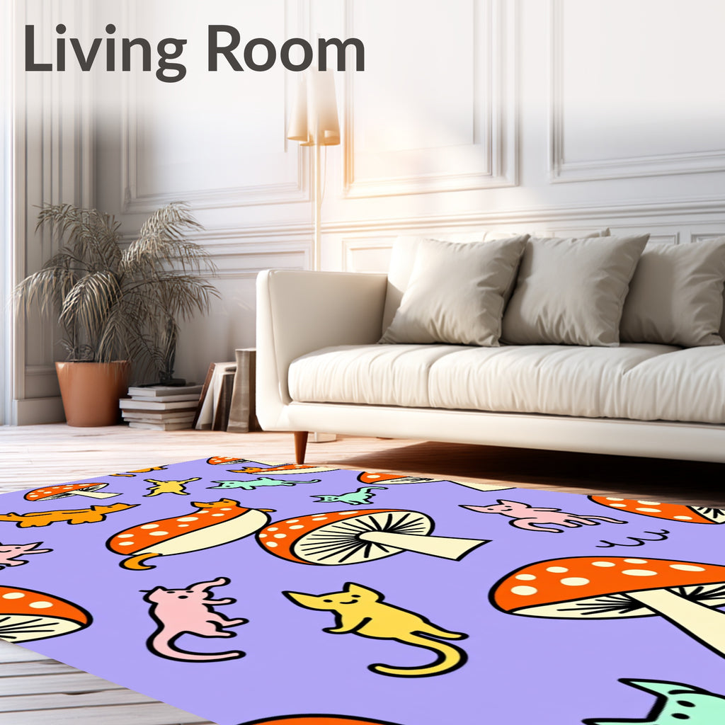 Whimsical Orange Mushroom Cat Pattern Rug