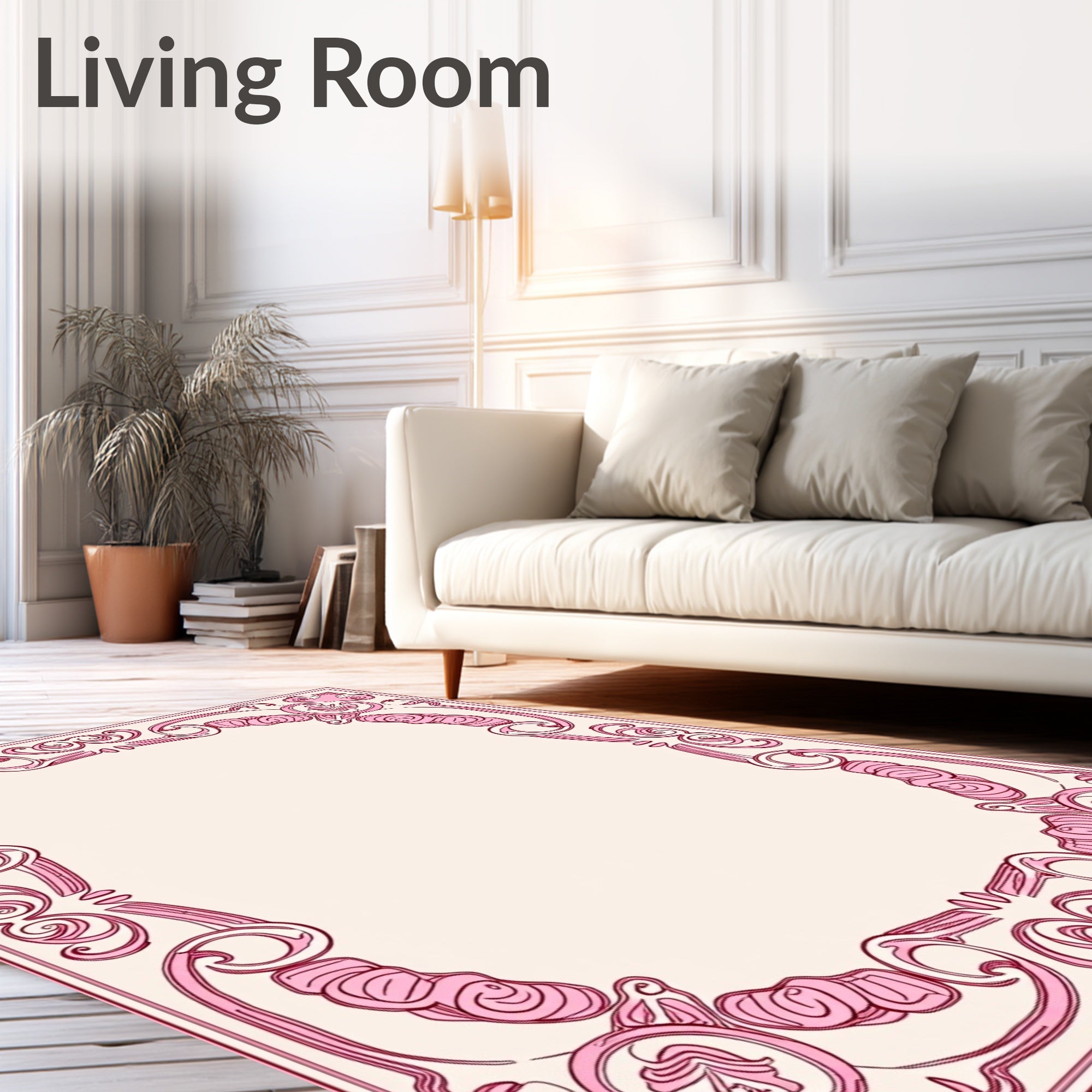 Ornate Pink Floral Scrollwork Border Rug