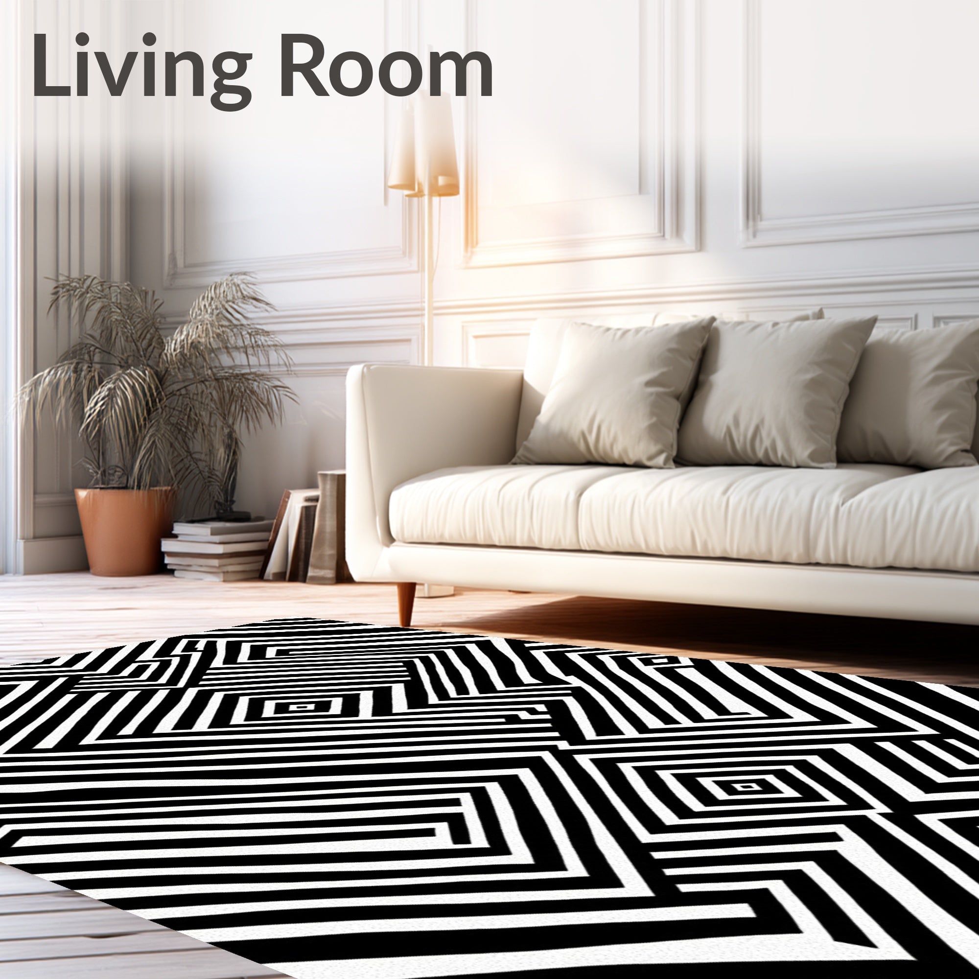 Bold Black White Labyrinth Design Rug