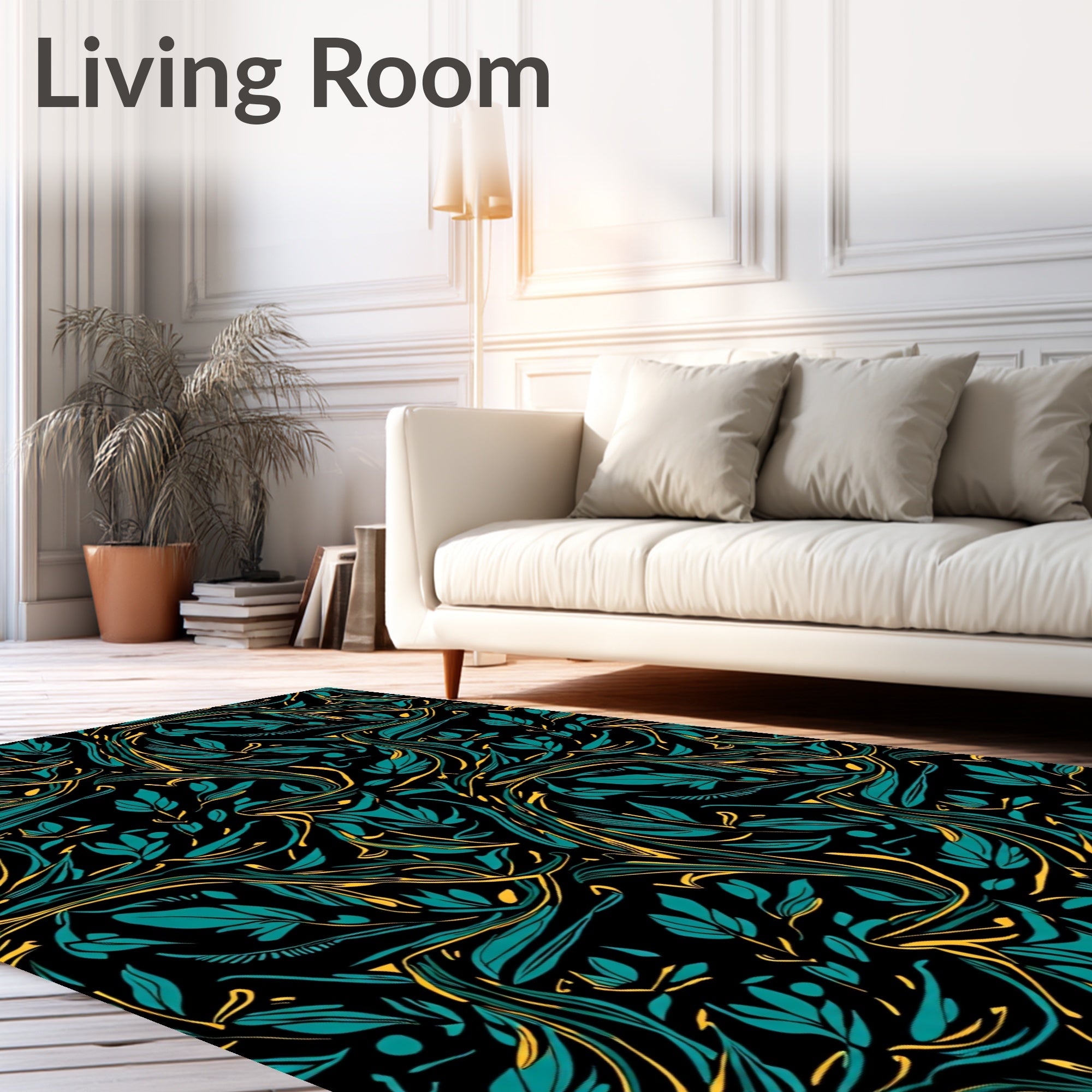Teal and Gold Swirling Foliage Rug