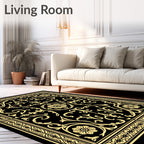 Golden Floral Scrollwork Black Accent Rug