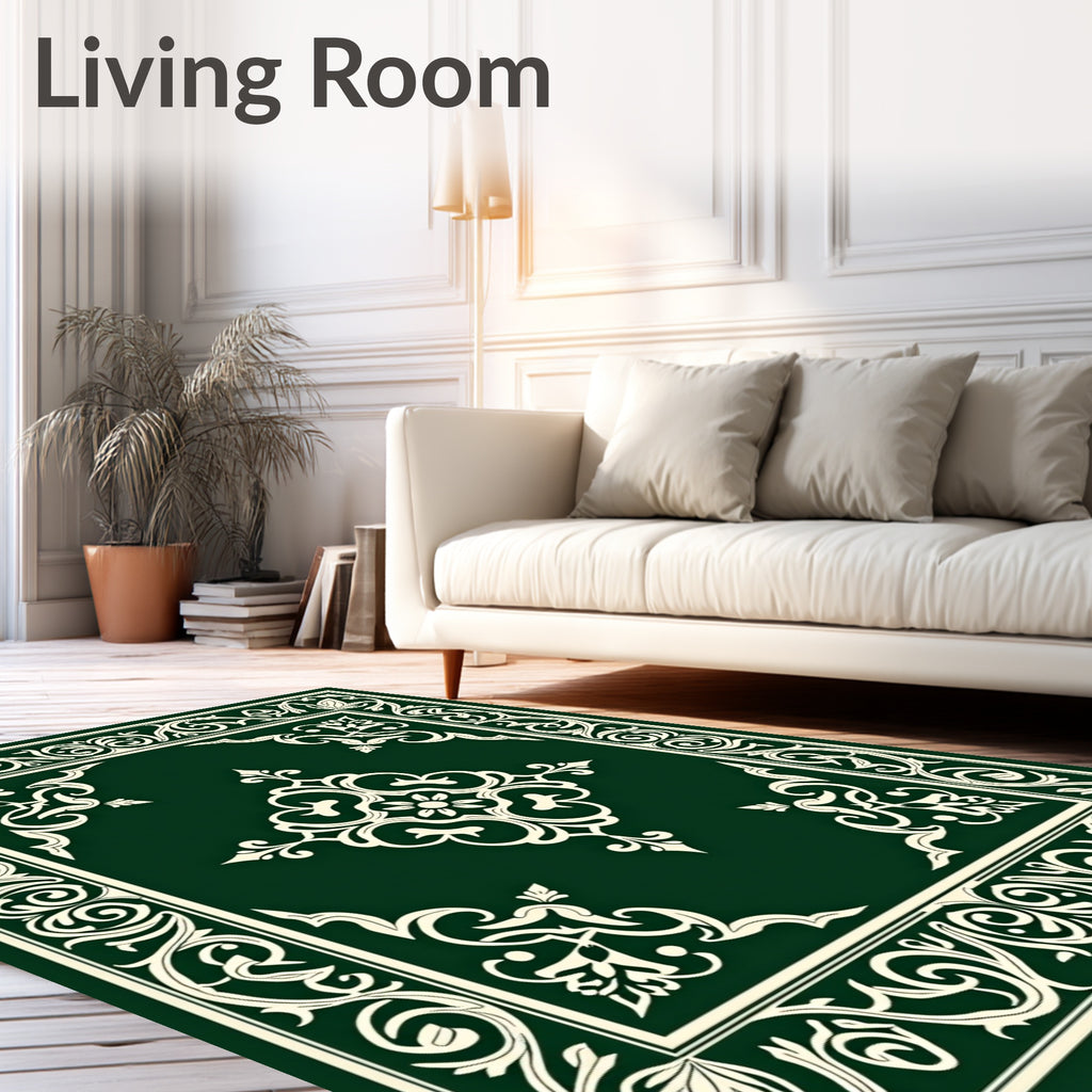 Elegant Green Ivory Floral Scroll Rug