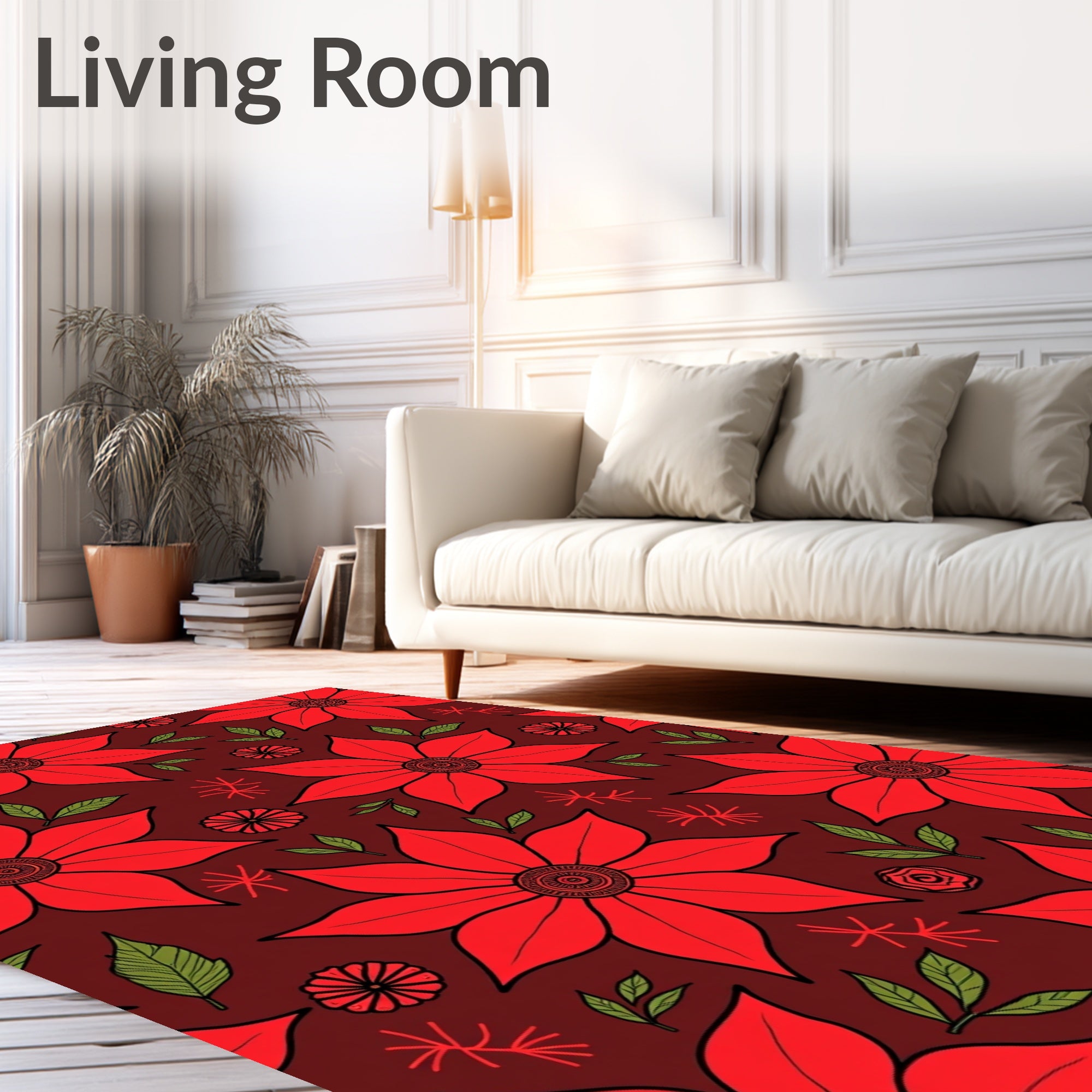 Bold Red Flower Botanical Pattern Rug