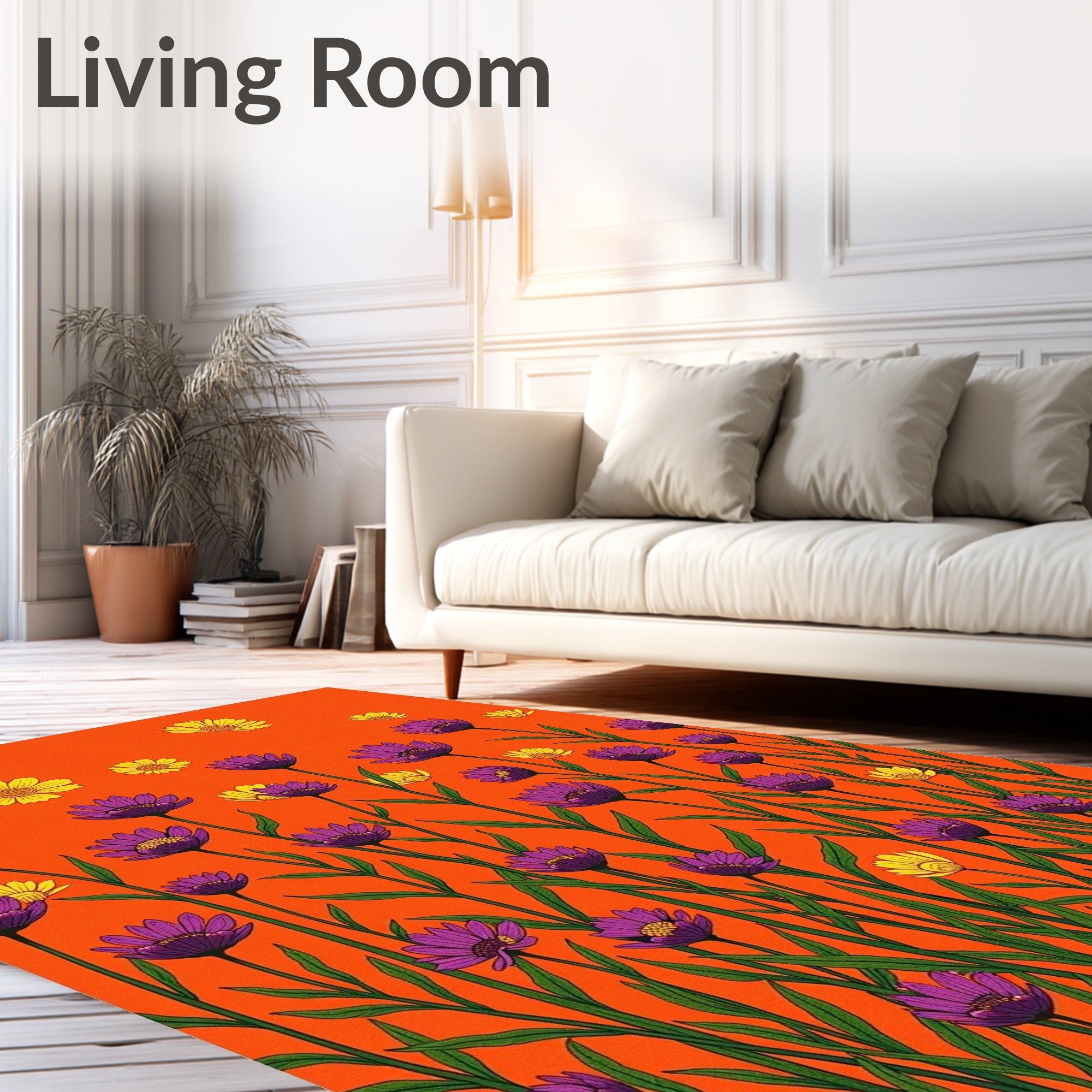 Bold Floral Pattern on Orange Background Rug