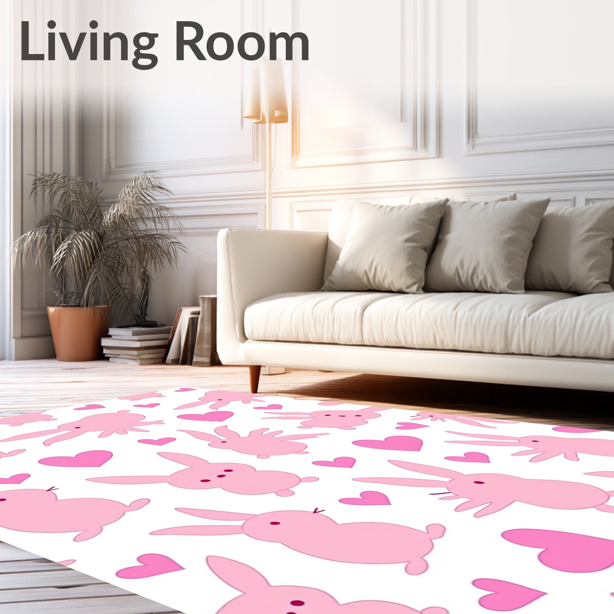 Cute Pink Bunny and Heart Pattern Rug