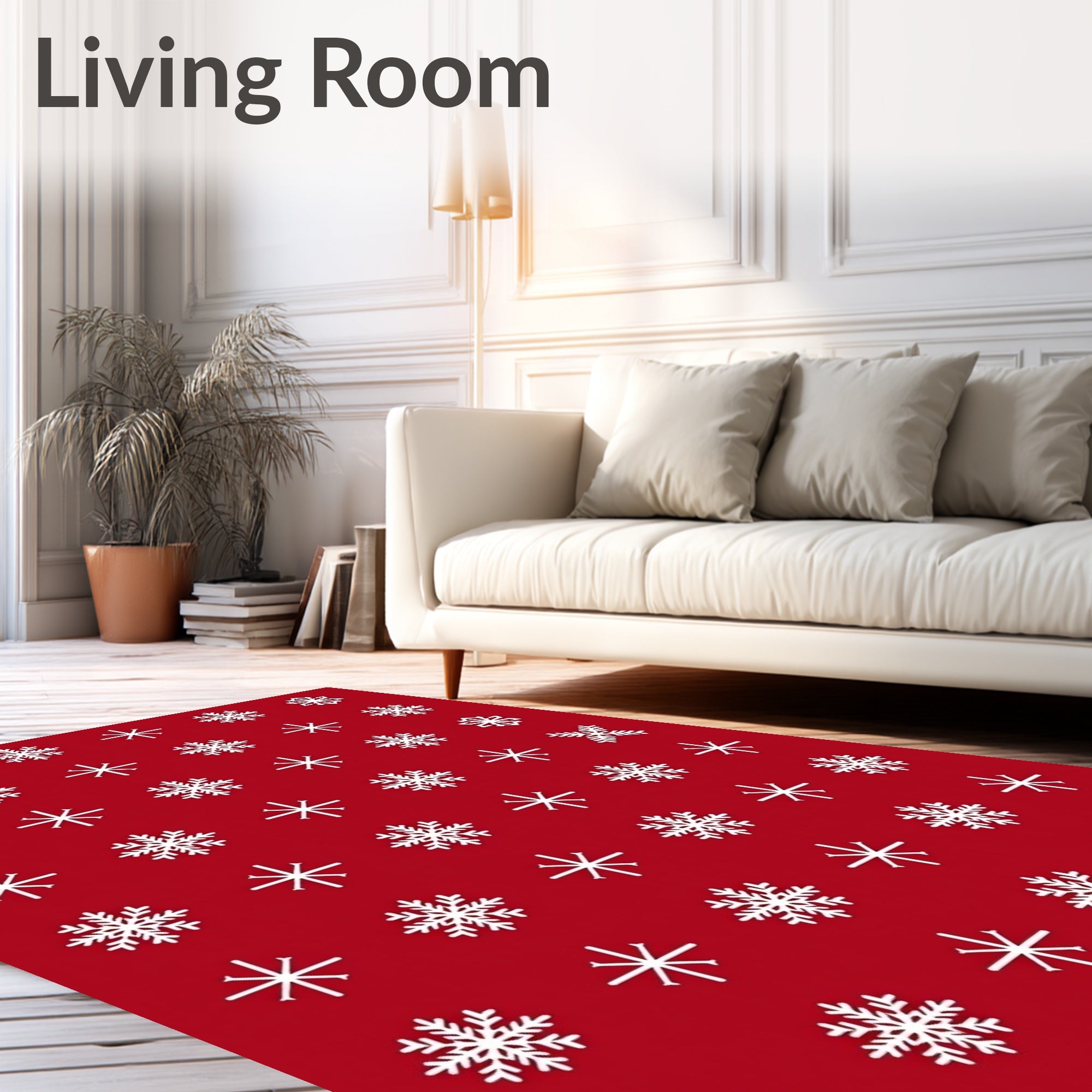 White Snowflake Patterned Red Textile Rug